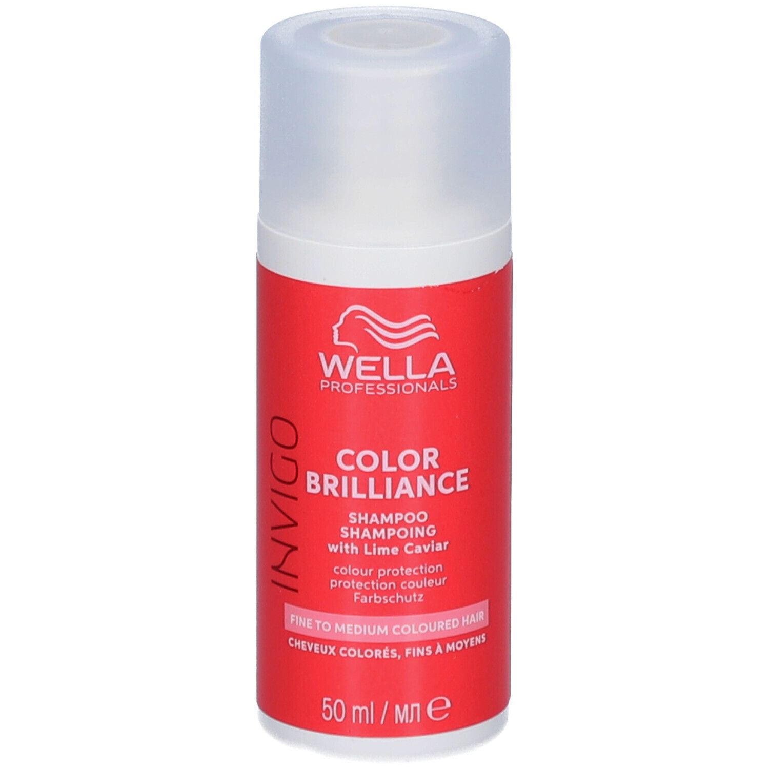 Rode shampoo fles met witte dop. Opschrift: Wella Professionals Invigo Color Brilliance. Voor gekleurd, fijn haar.