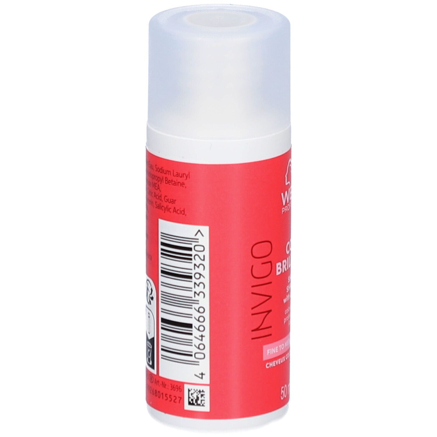 Rode shampoo fles met witte dop. Achterkant met ingrediënten en barcode. Merk: Wella Professionals Invigo.