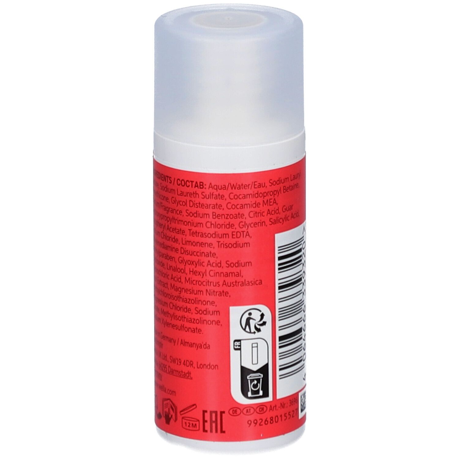 Rode shampoo fles met witte dop. Achterkant met ingrediënten. Merk: Wella Professionals Invigo.