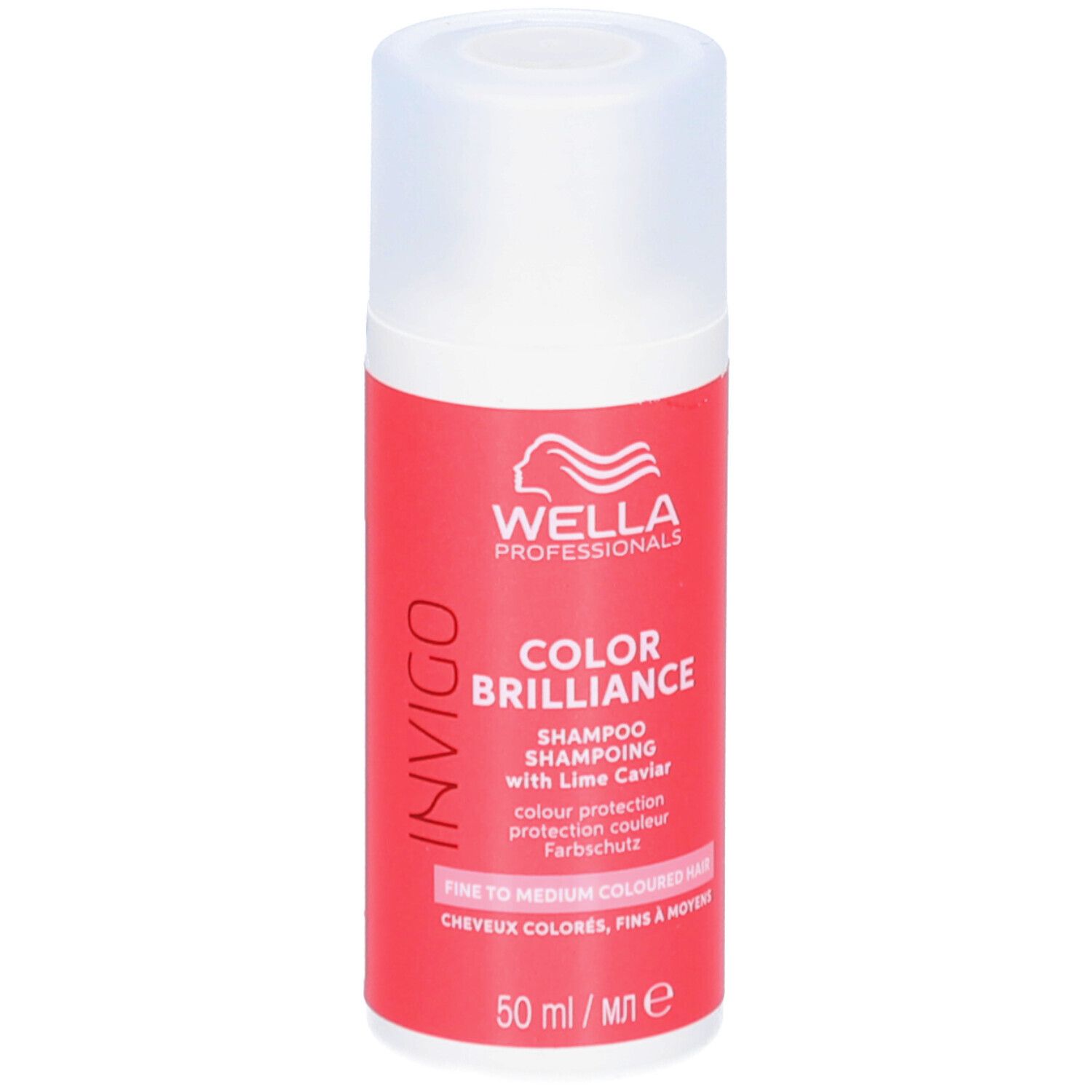 Rode shampoo fles met witte dop. Opschrift: Wella Professionals Invigo Color Brilliance. Voor gekleurd, fijn haar.