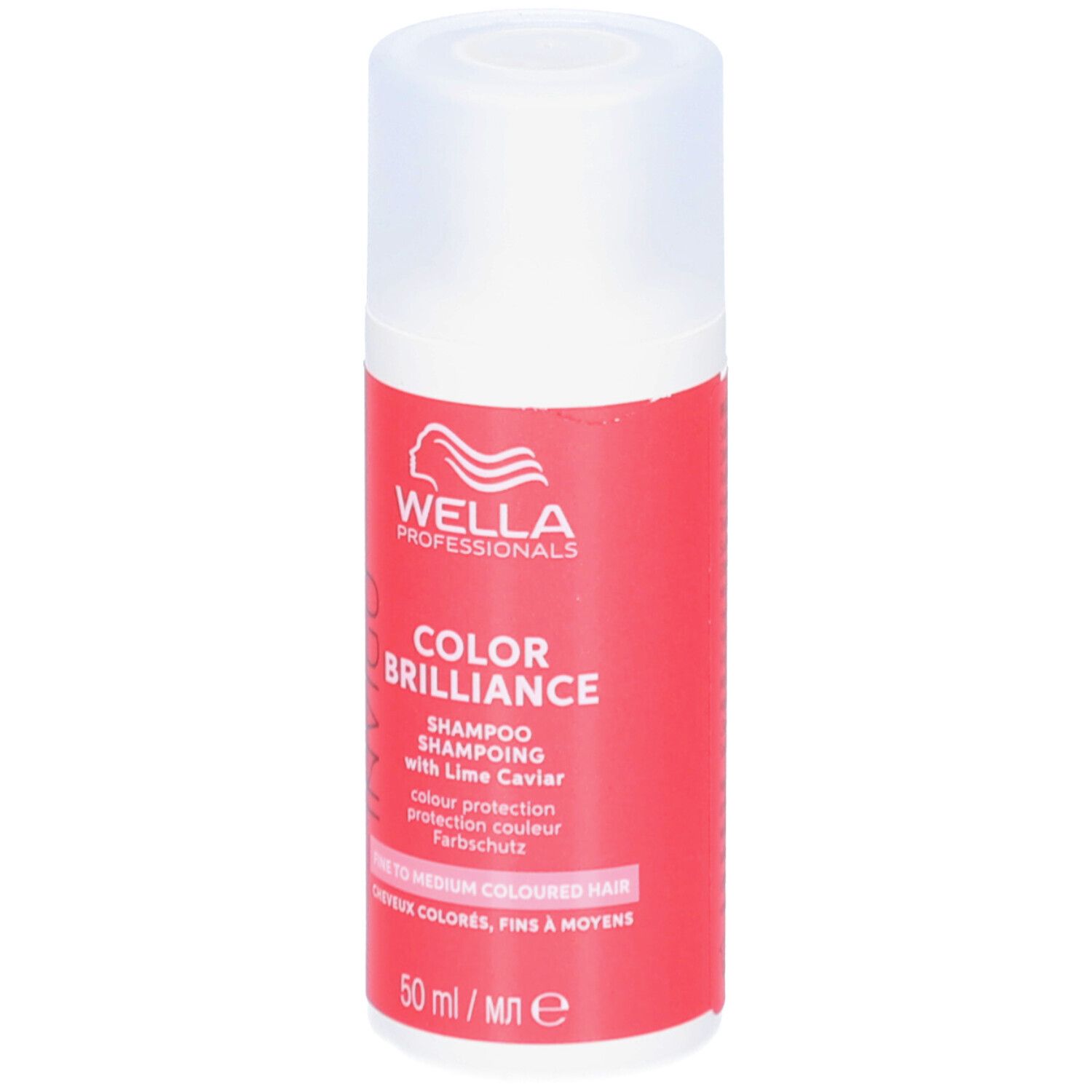 Rode shampoo fles met witte dop. Opschrift: Wella Professionals Color Brilliance. Voor gekleurd, fijn haar.