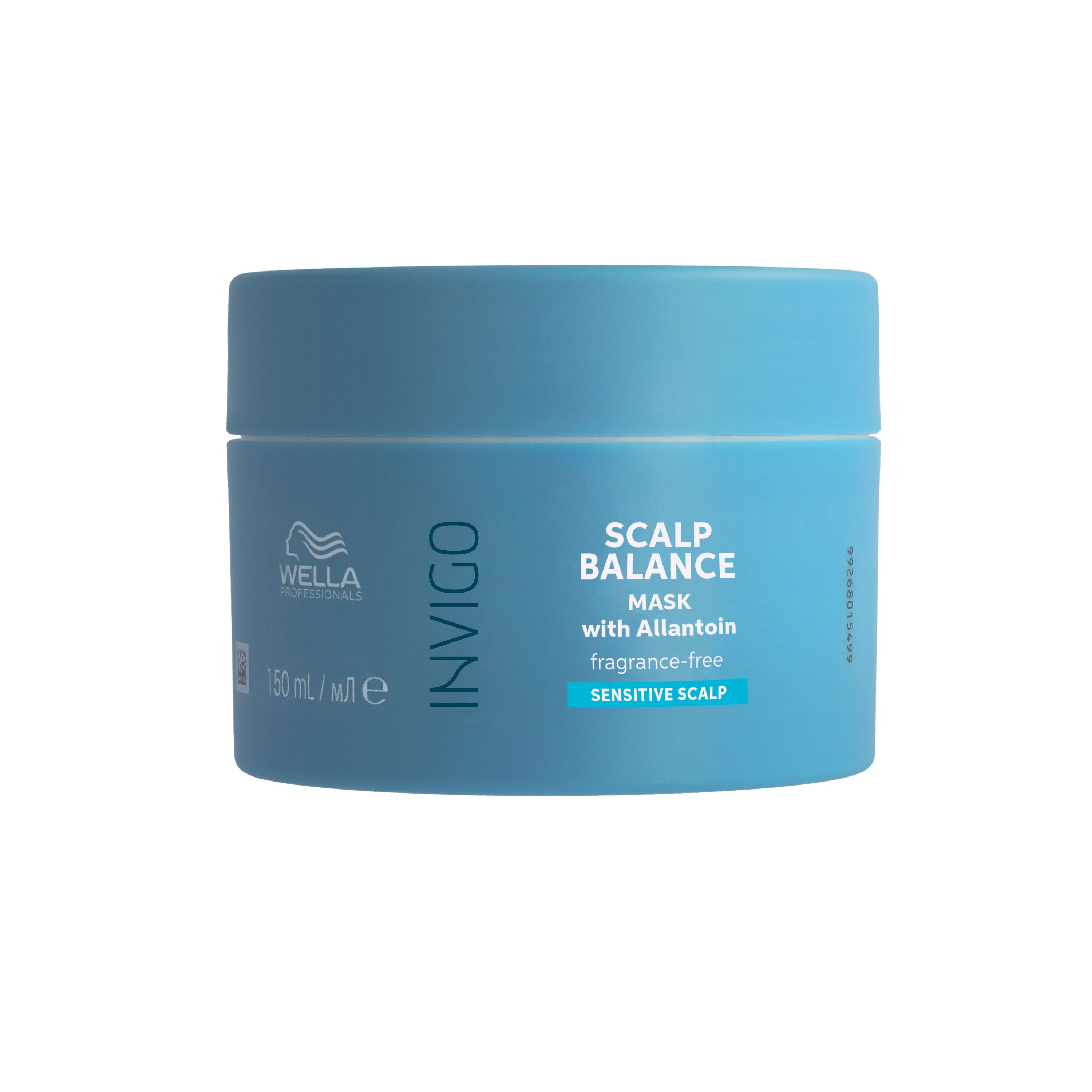 Lichtblauwe pot met deksel. Opschrift: Invigo Scalp Balance Mask. Wella Professionals logo. 150 ml.