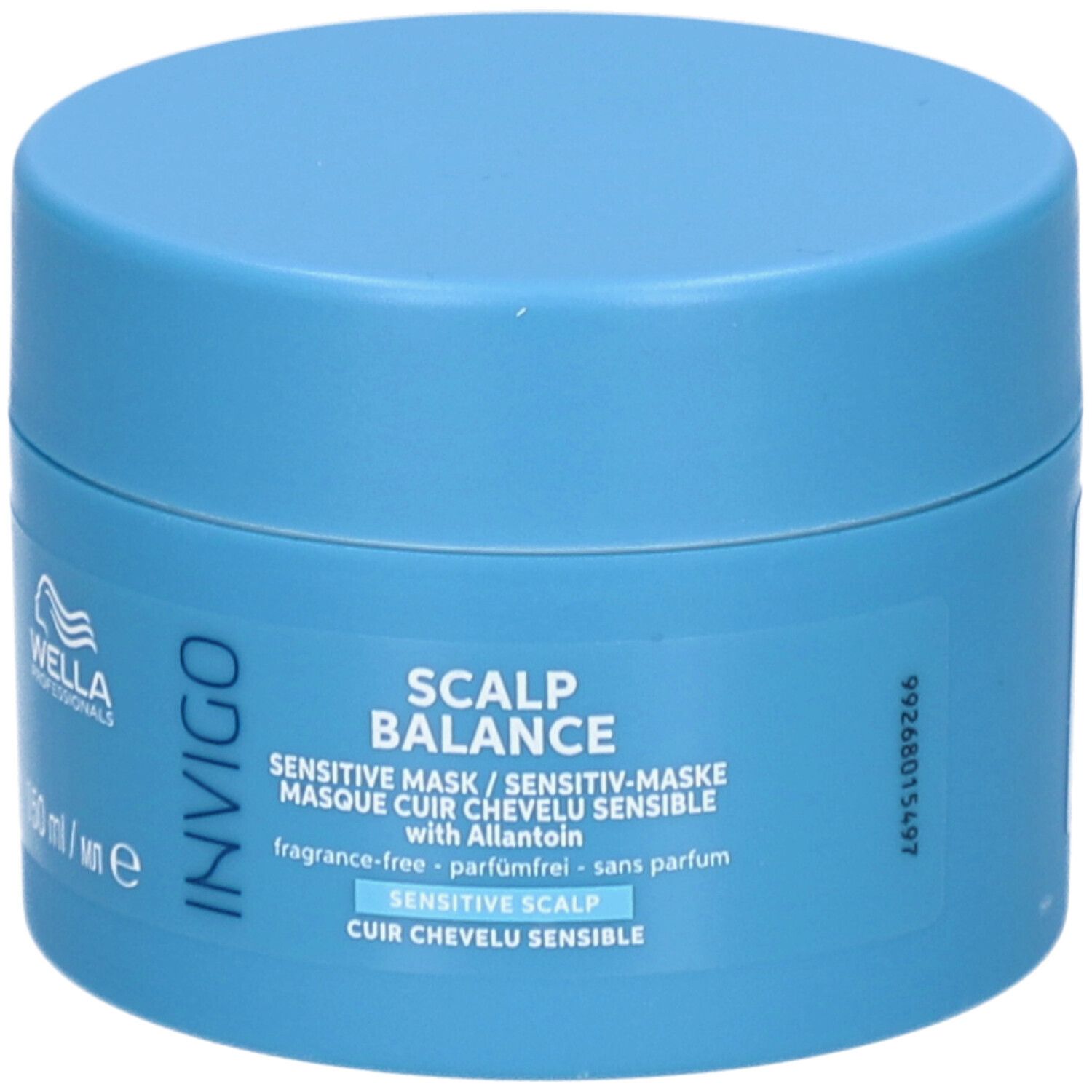 Pot bleu clair avec couvercle. Inscription : Invigo Scalp Balance Sensitive Mask. Logo Wella Professionals.