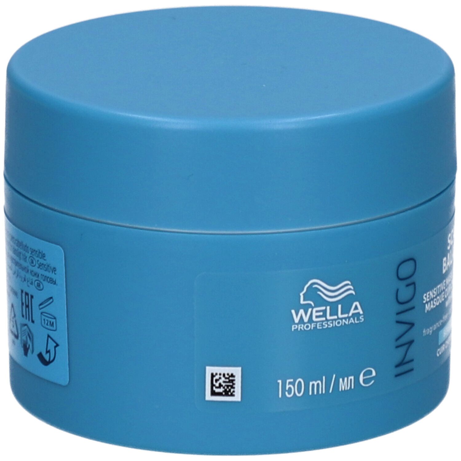 Pot bleu clair avec couvercle. Inscription : Invigo. Dos avec texte et logos. 150 ml.