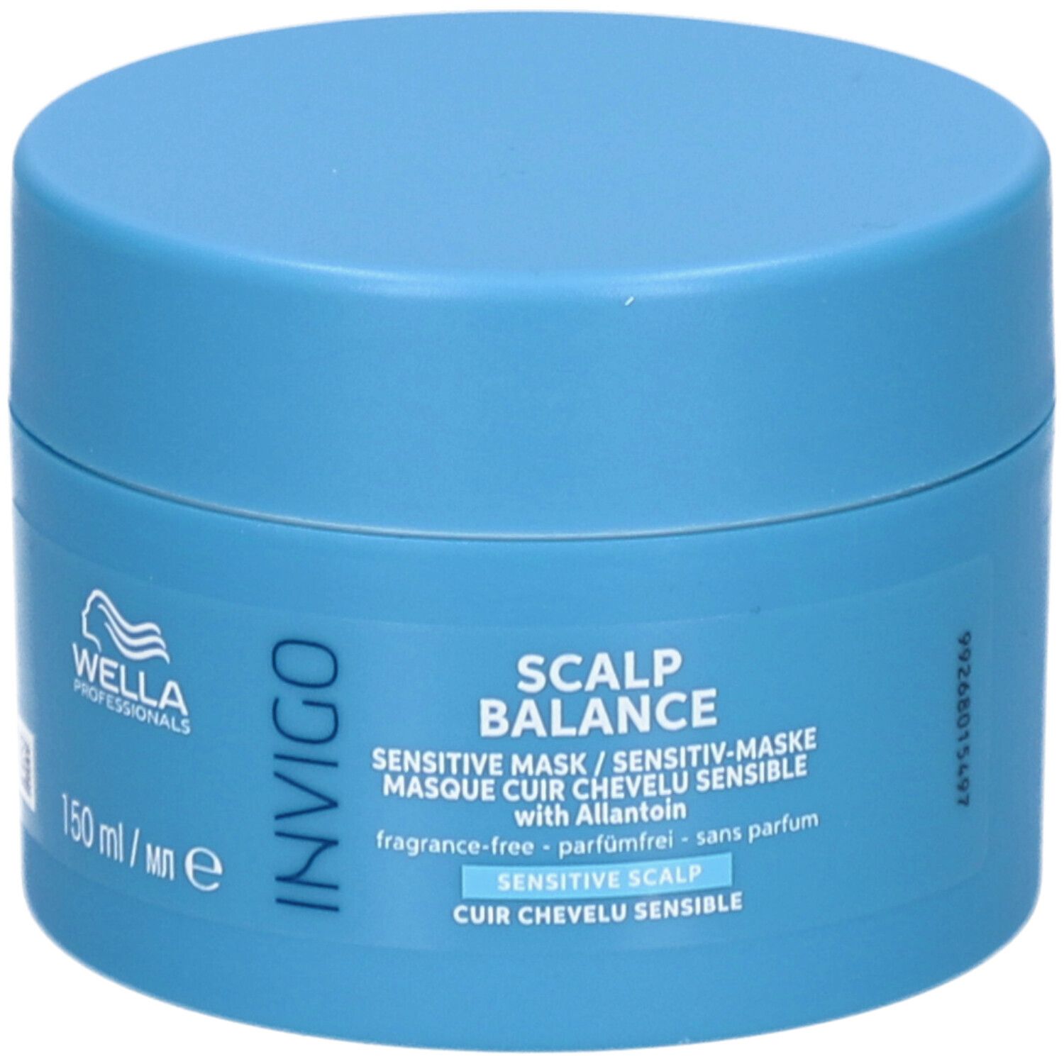 Pot bleu clair avec couvercle. Inscription : Invigo Scalp Balance Sensitive Mask. Logo Wella Professionals.