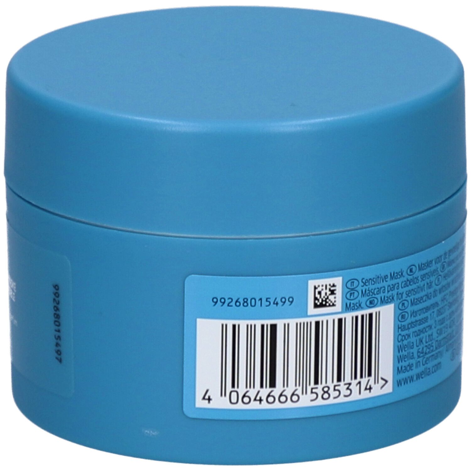 Pot bleu clair avec couvercle. Dos avec code-barres et texte. Inscription : 150 ml.