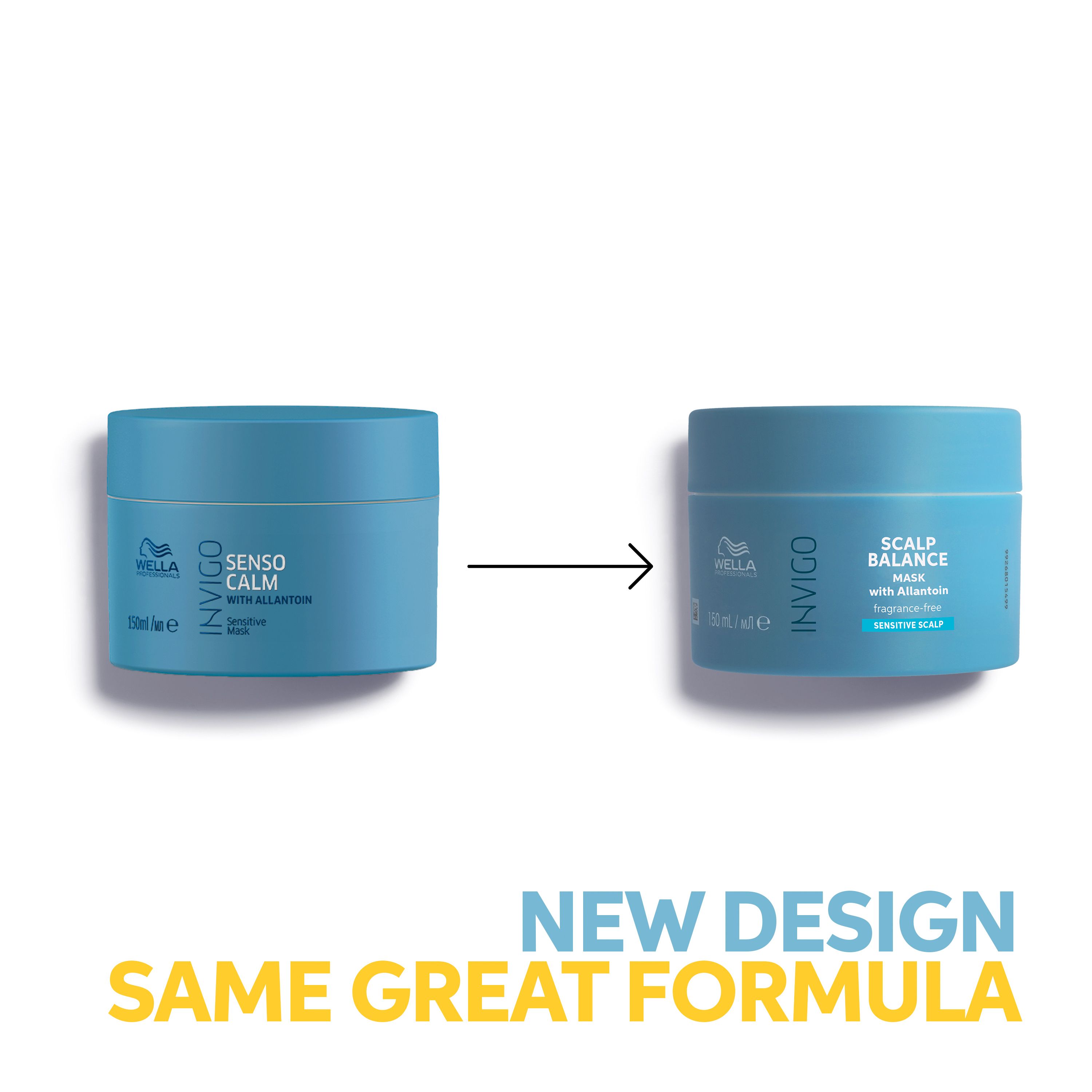 Deux pots bleu clair. Gauche : Senso Calm. Droite : Scalp Balance Mask. Texte : New Design, Same Great Formula.