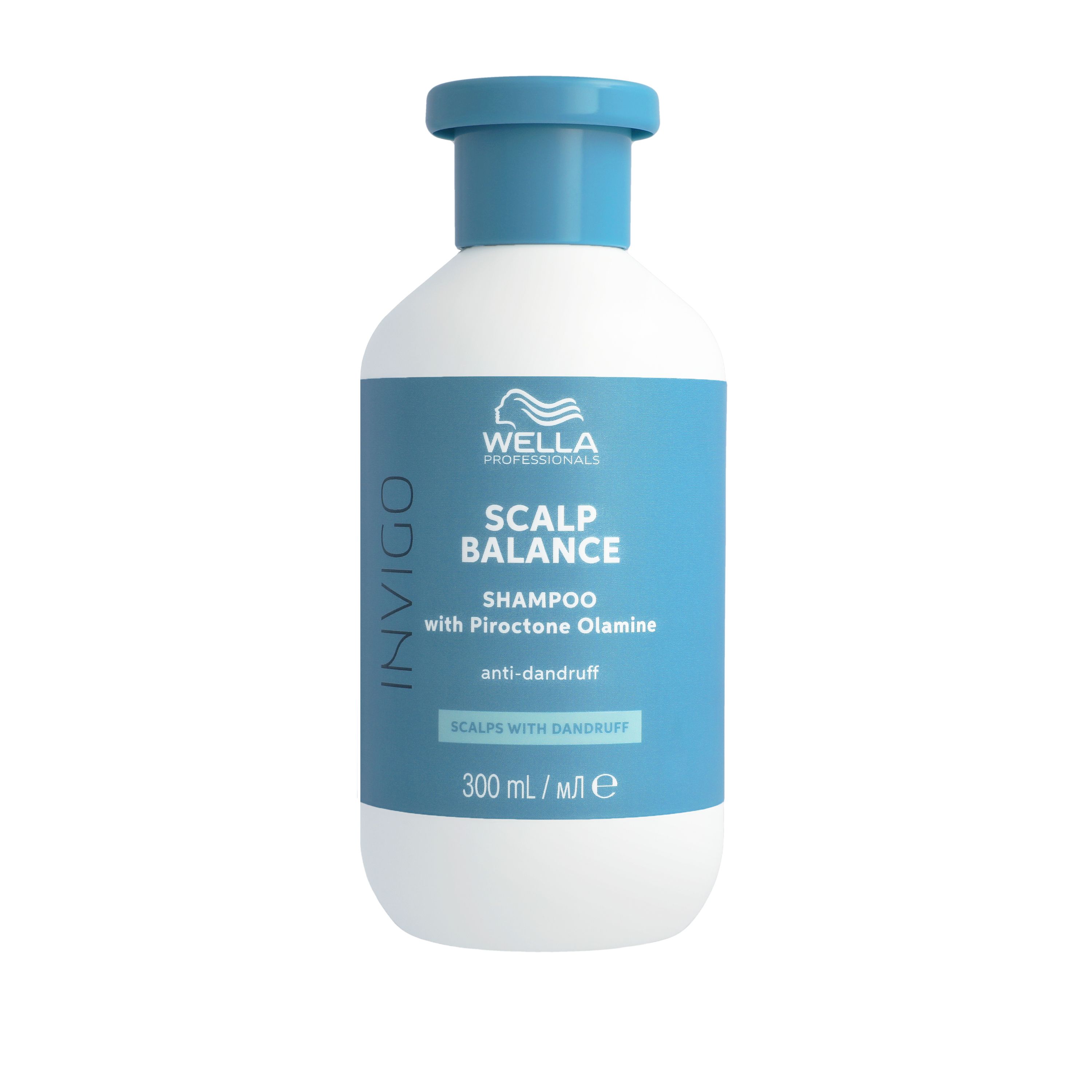 Flacon blanc avec bouchon et étiquette bleus. Inscription : INVIGO, SCALP BALANCE, Shampooing, 300 ml.