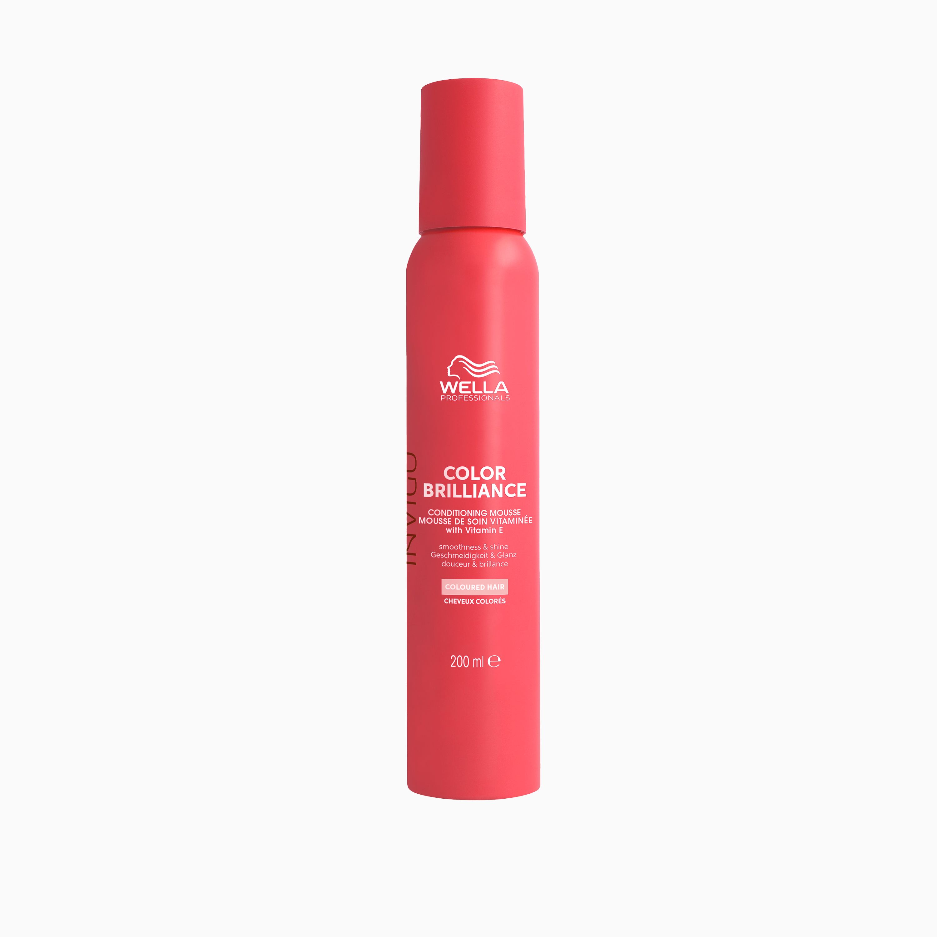 Rode spuitfles met wit etiket. Opschrift: Wella, Color Brilliance, Conditioning Mousse, voor gekleurd haar. 200 ml.