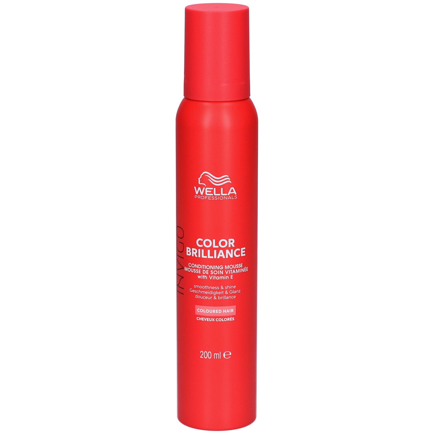Rode spuitfles met wit etiket. Opschrift: Wella, Color Brilliance, Conditioning Mousse, voor gekleurd haar. 200 ml.