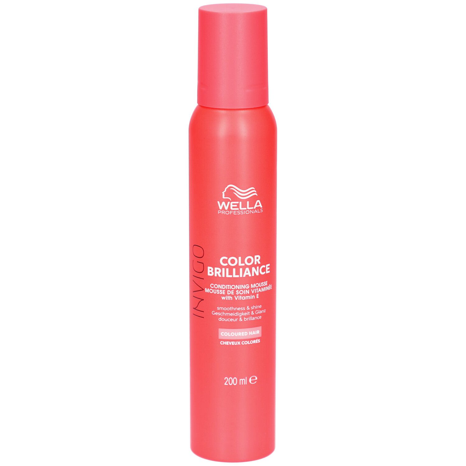 Rode spuitfles met wit etiket. Opschrift: Wella, Color Brilliance, Conditioning Mousse, voor gekleurd haar. 200 ml.