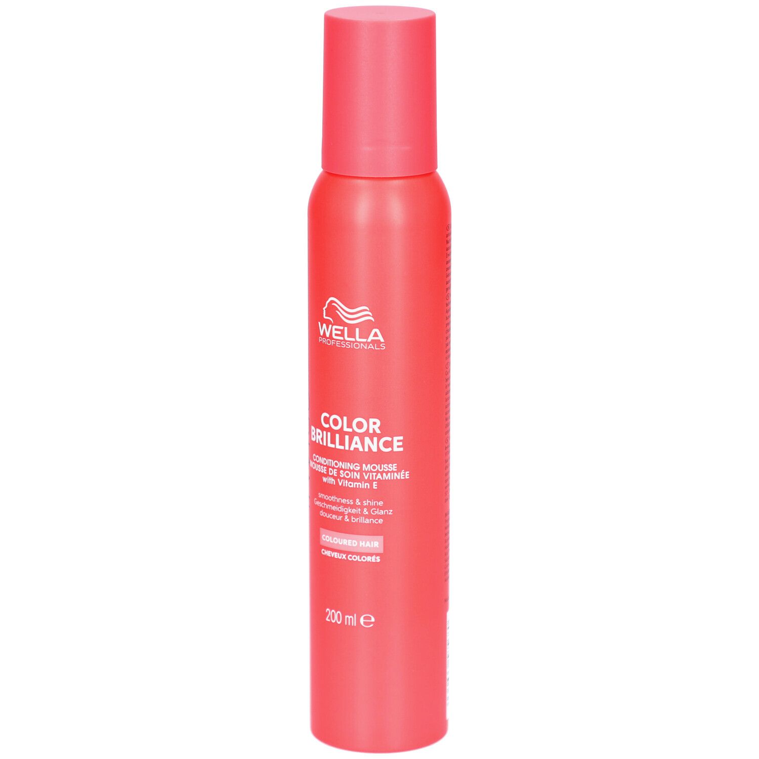 Rode spuitfles met wit etiket. Opschrift: Wella, Color Brilliance, Conditioning Mousse, voor gekleurd haar. 200 ml.