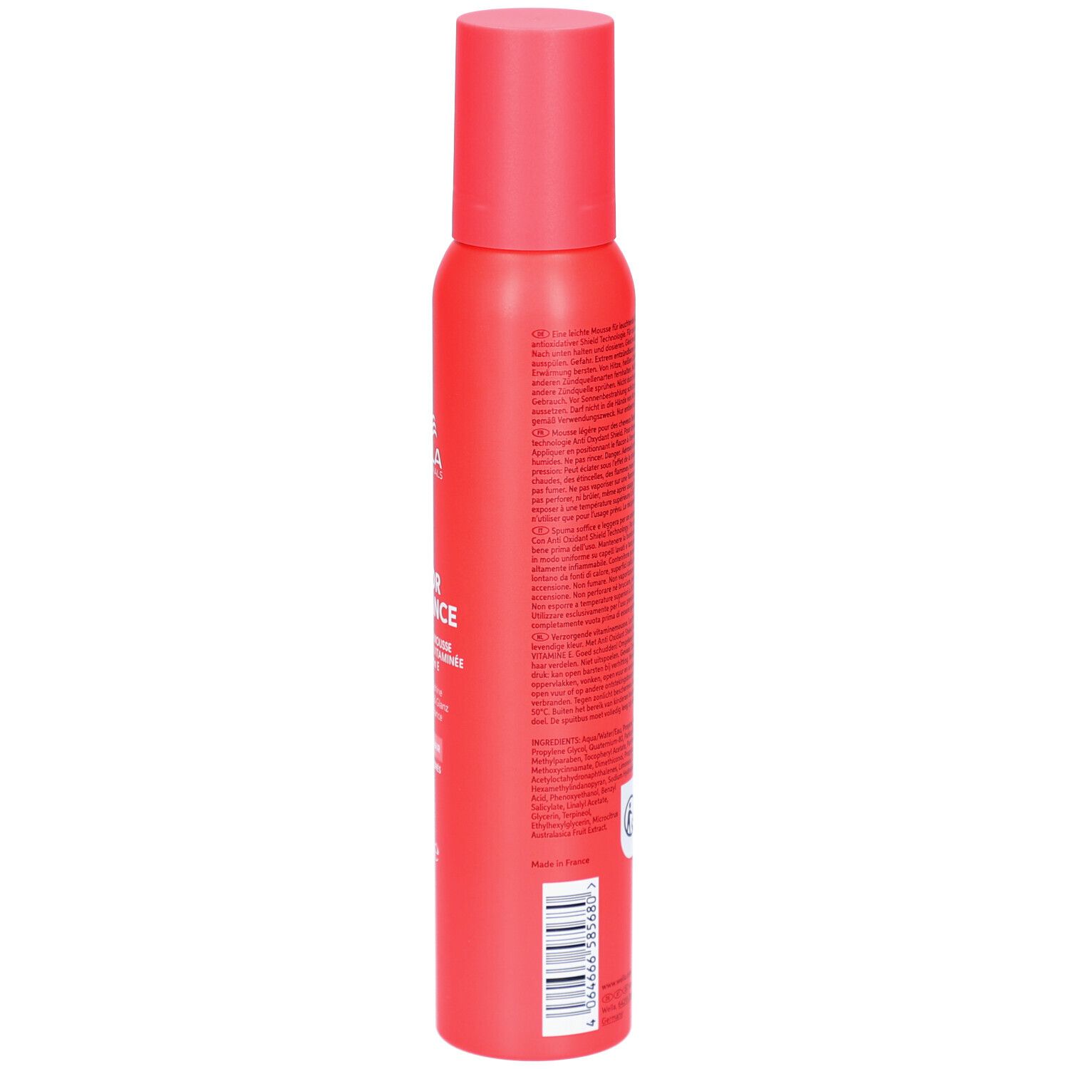 Rode spuitfles, zijaanzicht. Opschrift: Wella, Color Brilliance, Conditioning Mousse, voor gekleurd haar. Tekst.