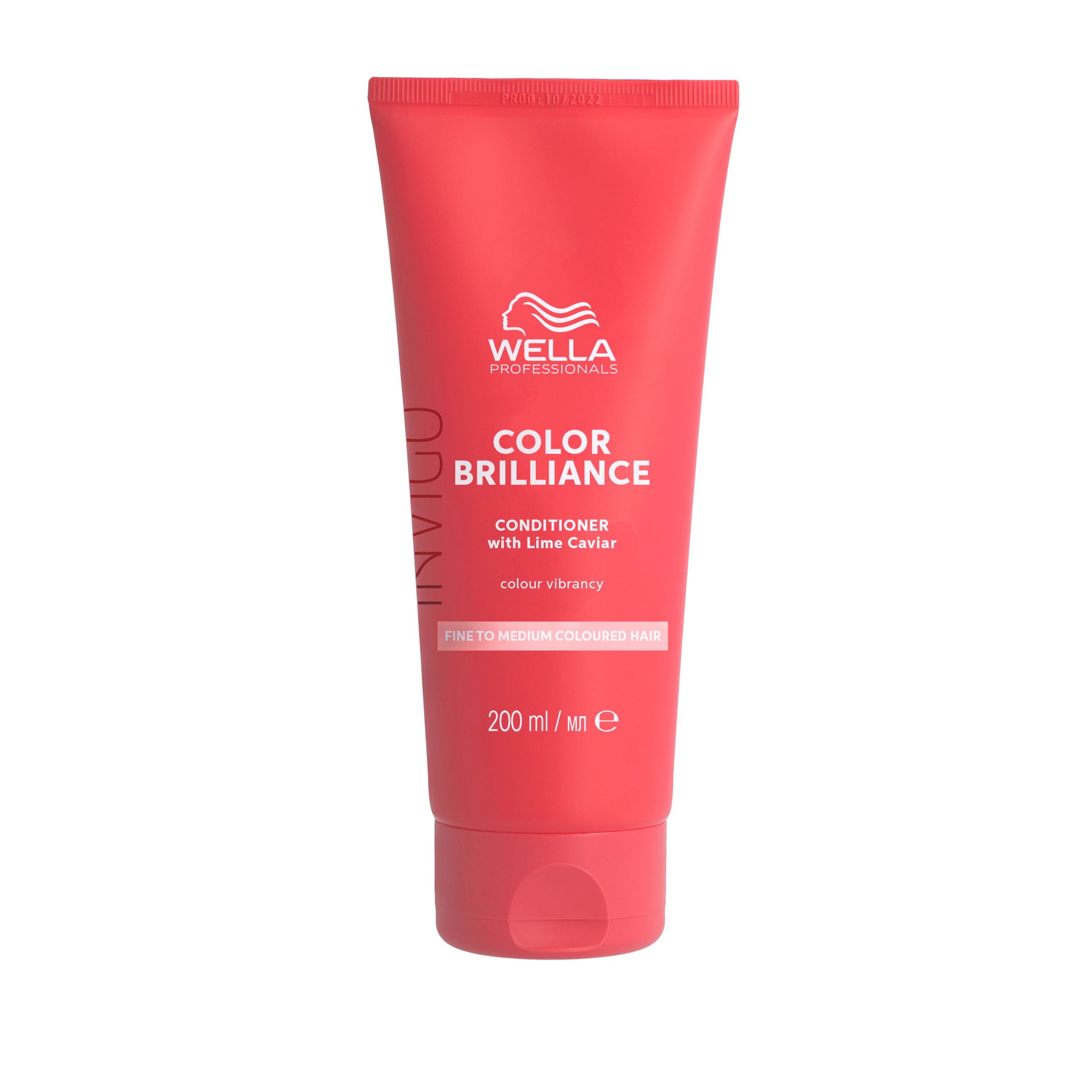 Rode tube met opschrift INVIGO, COLOR BRILLIANCE, Conditioner. Bevat 200 ml. Met Lime Caviar. Voor gekleurd, fijn haar.