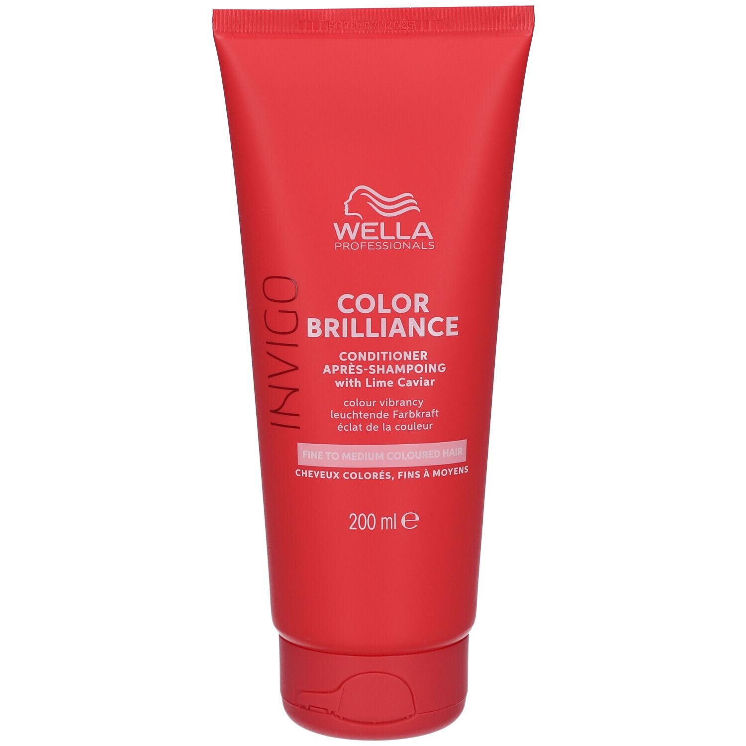 Rode tube met opschrift INVIGO, COLOR BRILLIANCE, Conditioner. Bevat 200 ml. Met Lime Caviar. Voor gekleurd, fijn haar.