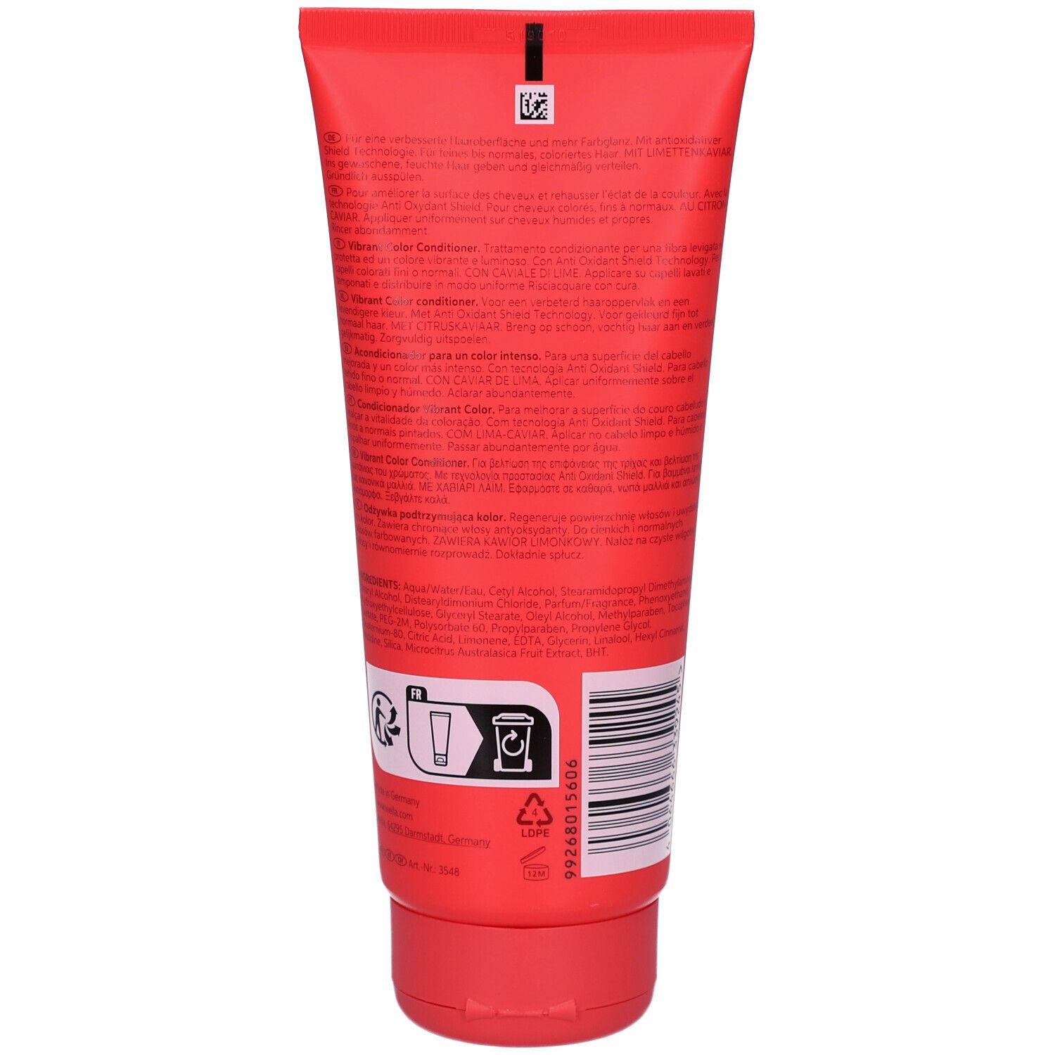Achterkant van een rode tube. Tekst in meerdere talen. Barcode en recyclingsymbool. Bevat informatie over het product.