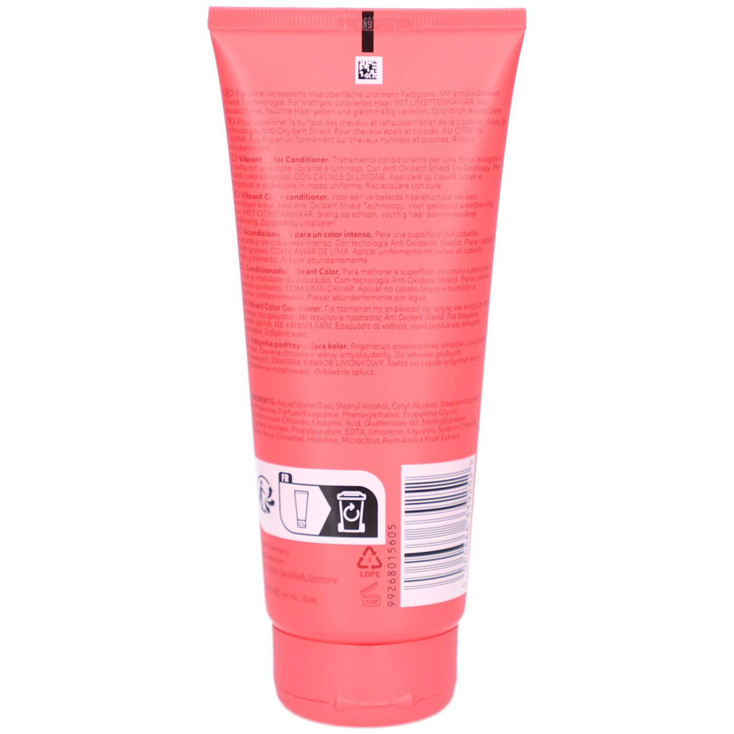Achterkant van een roze tube. Meertalige tekst. Productinformatie. Recyclingsymbool. Streepjescode.