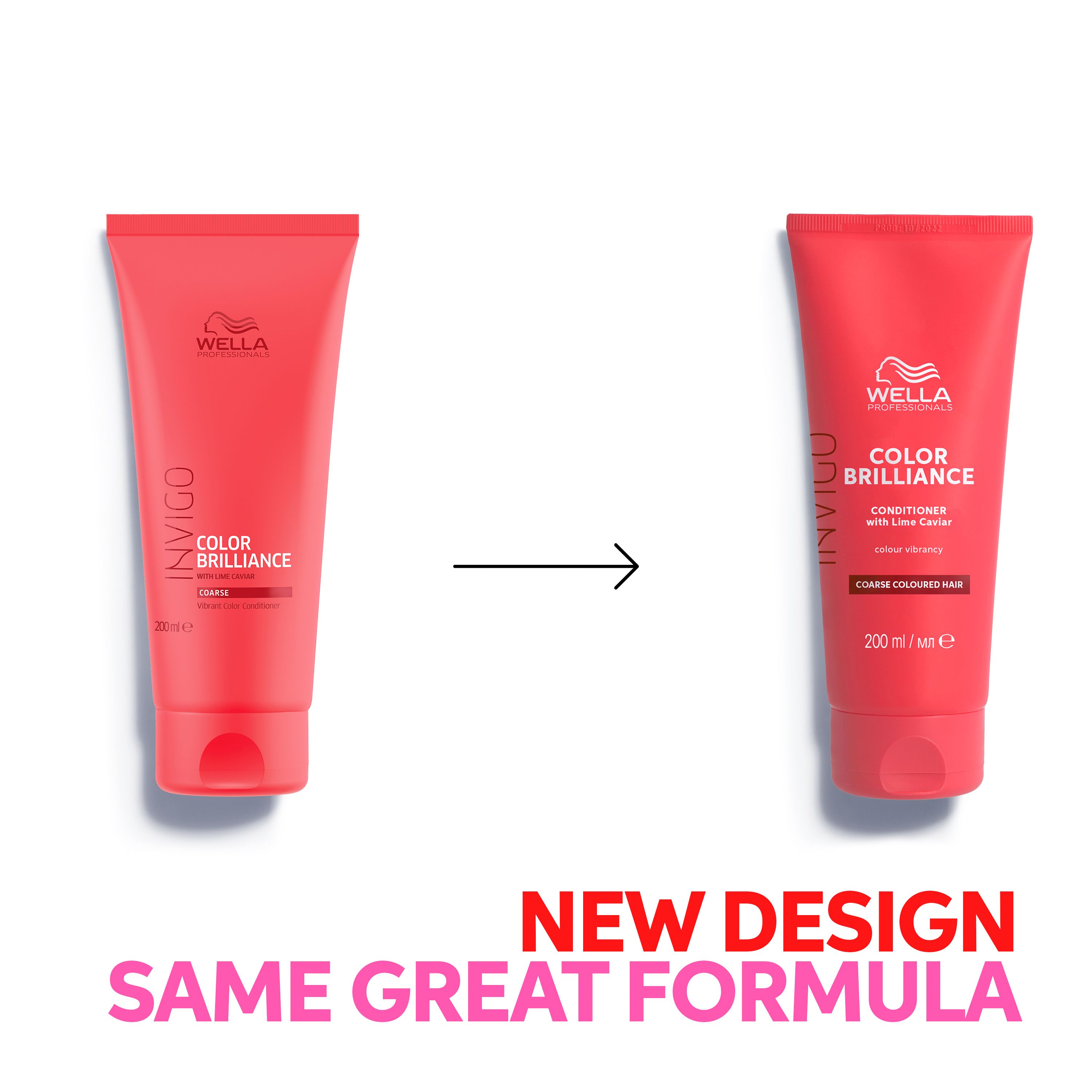 Vergelijking van twee tubes. Links: roze tube. Rechts: rode tube. Tekst: Nieuw design, dezelfde formule.