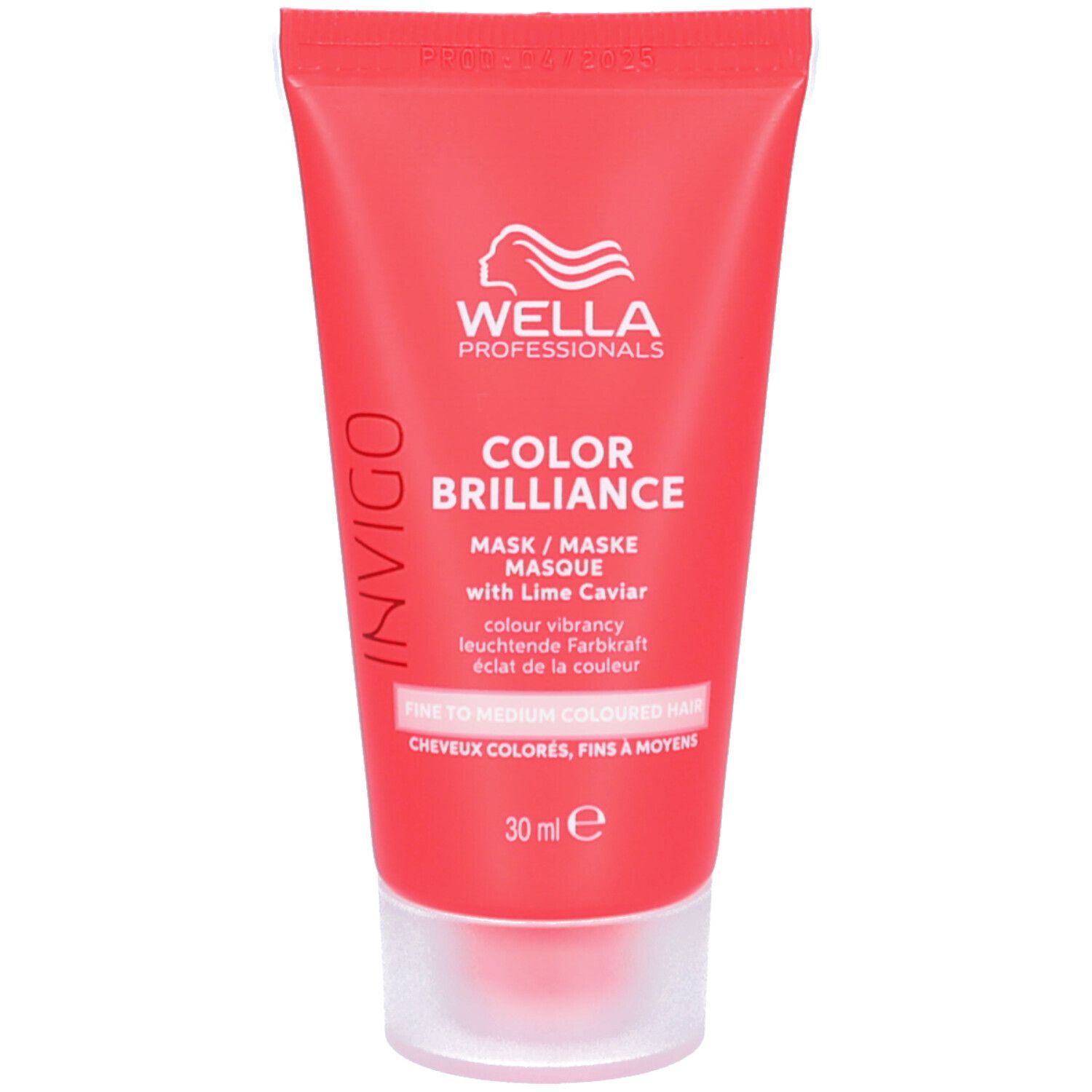 Rode tube met productnaam en logo. Tekst: Color Brilliance, masker met limoenkaviaar. Voor gekleurd, fijn haar.
