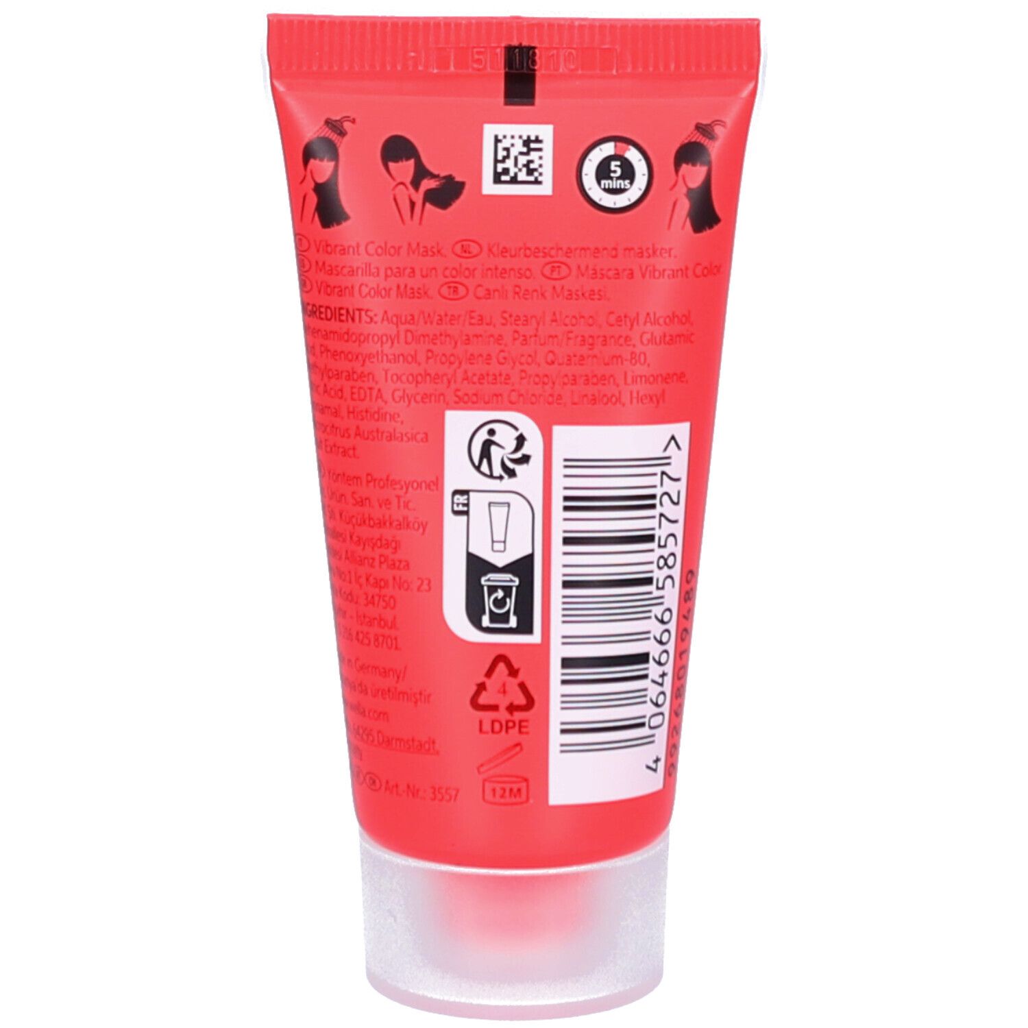 Achterkant van de rode tube. Tekst: Vibrant Color Mask, ingrediënten, QR-code, recyclingsymbolen, barcode.