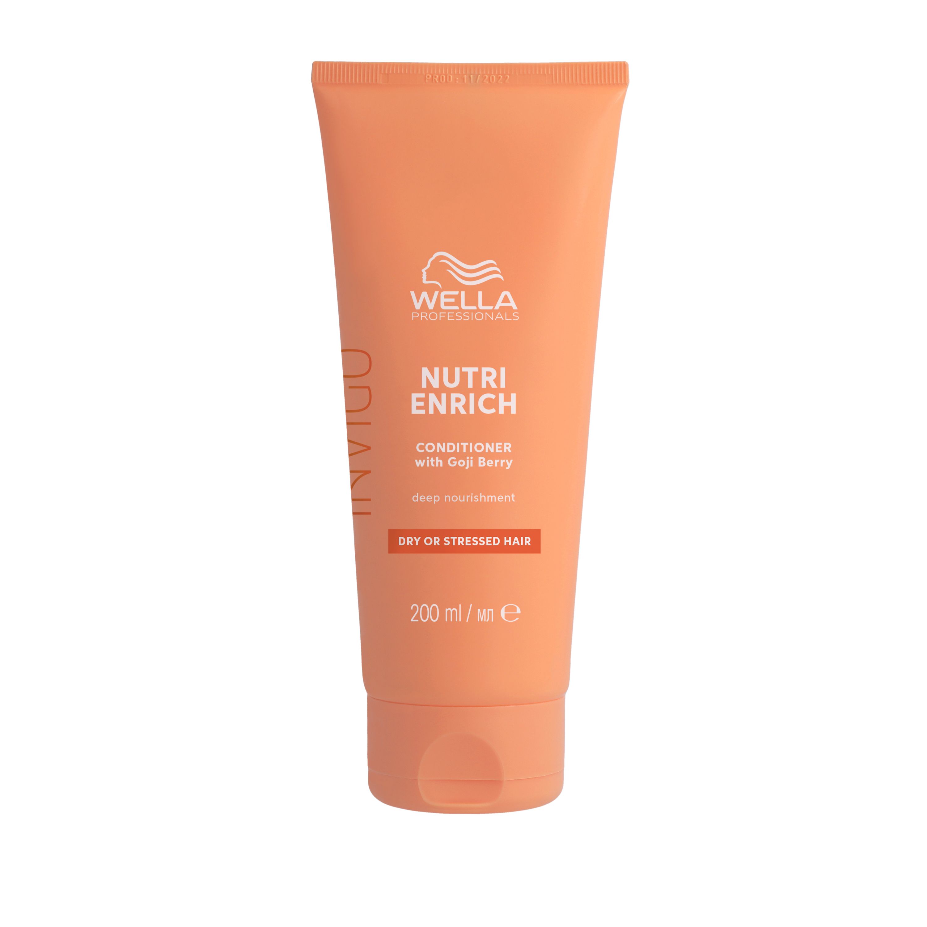 Oranje tube Wella Invigo Nutri-Enrich. Tekst: Invigo, Nutri-Enrich, Conditioner, Cheveux Secs. 200 ml. Wella logo.