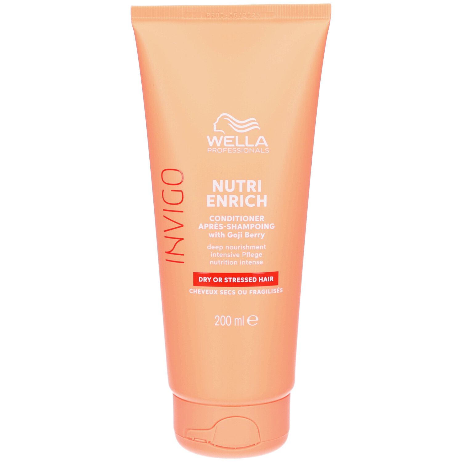 Oranje tube Wella Invigo Nutri-Enrich. Tekst: Invigo, Nutri-Enrich, Conditioner, Cheveux Secs. 200 ml. Wella logo en merk.