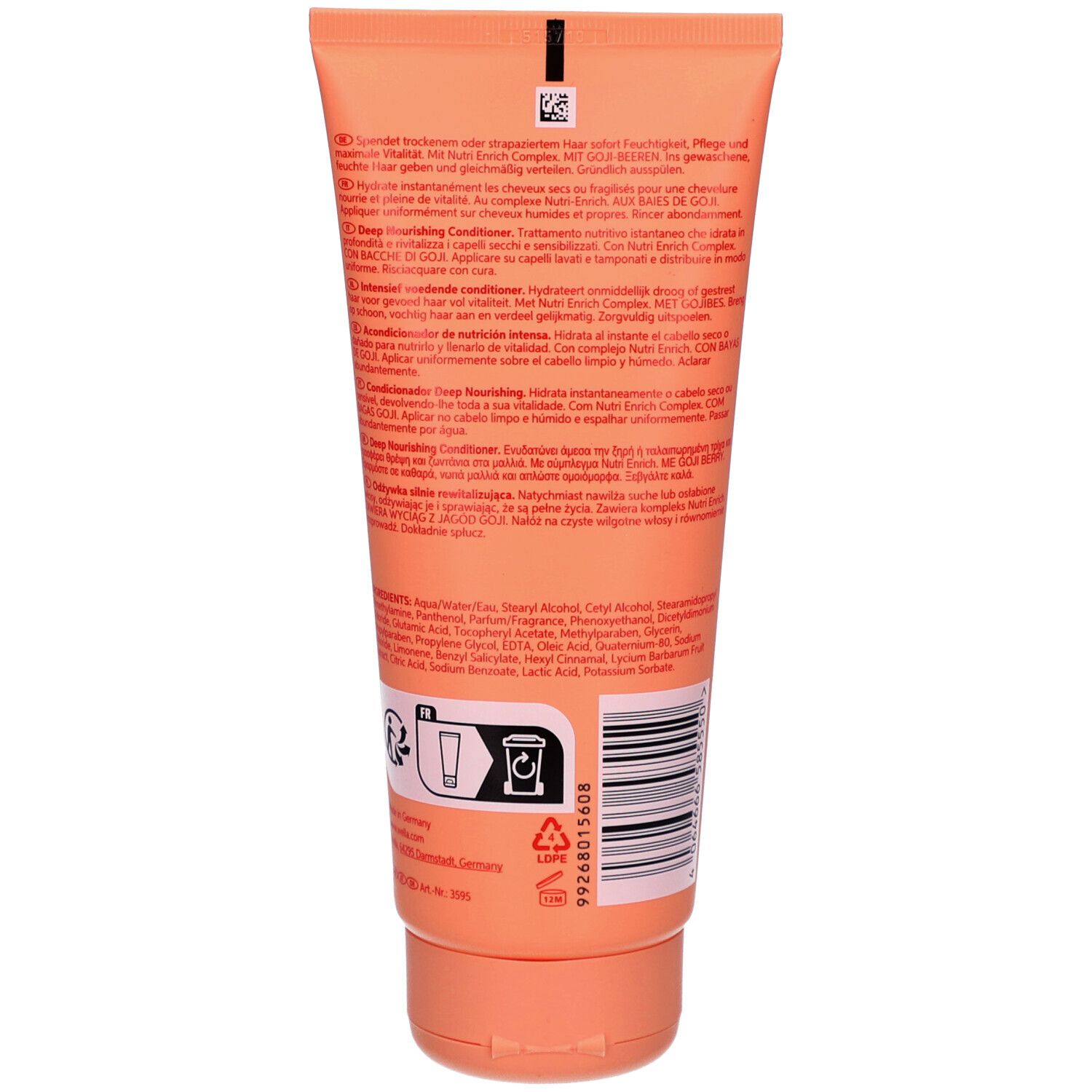 Achterkant van de tube Wella Invigo Nutri-Enrich. Meertalige tekst. Ingrediënten en recycling symbool. Barcode en batchnummer.