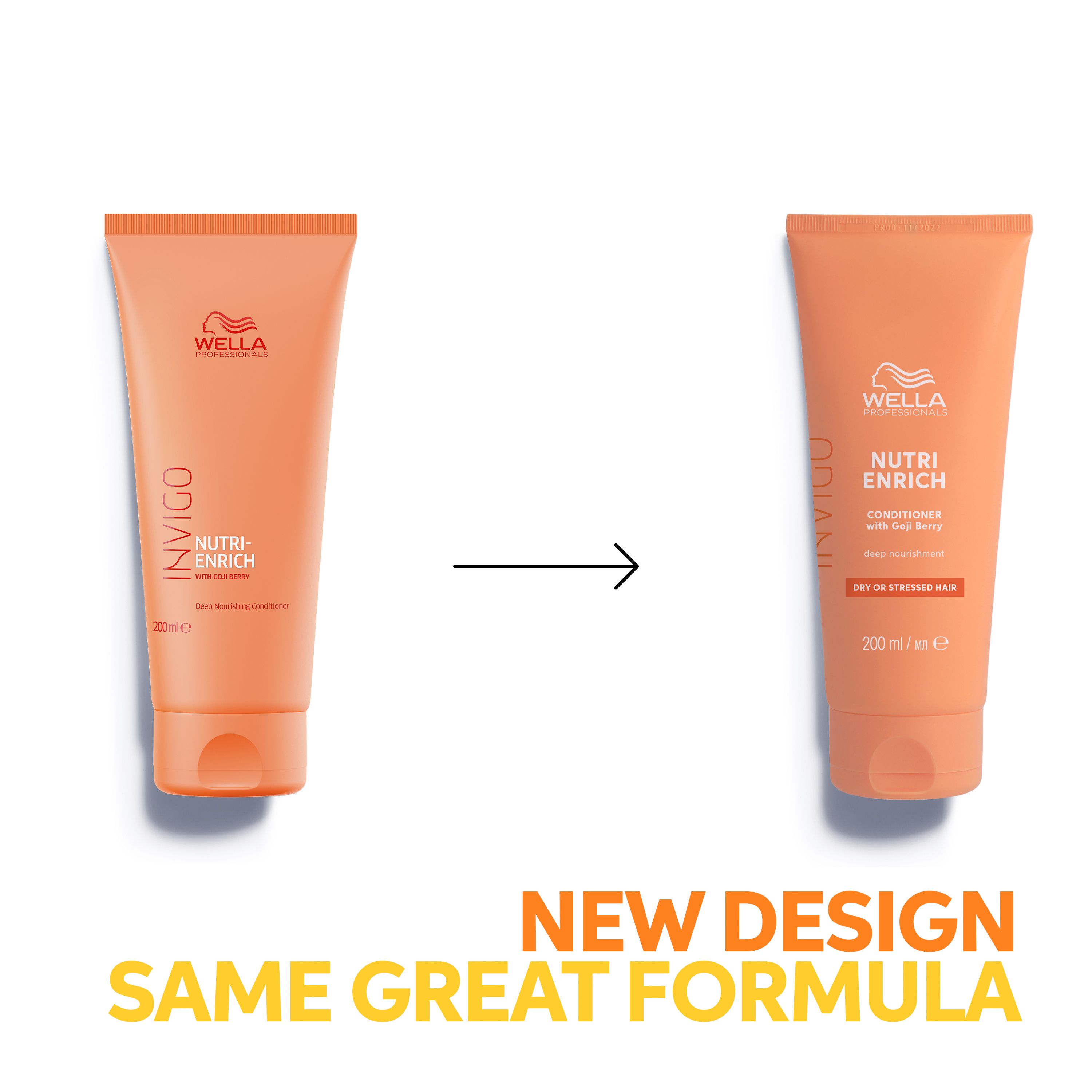 Vergelijking van twee Wella Invigo Nutri-Enrich tubes. Links: oud design. Rechts: nieuw design. Tekst: New Design, Same Great Formula.
