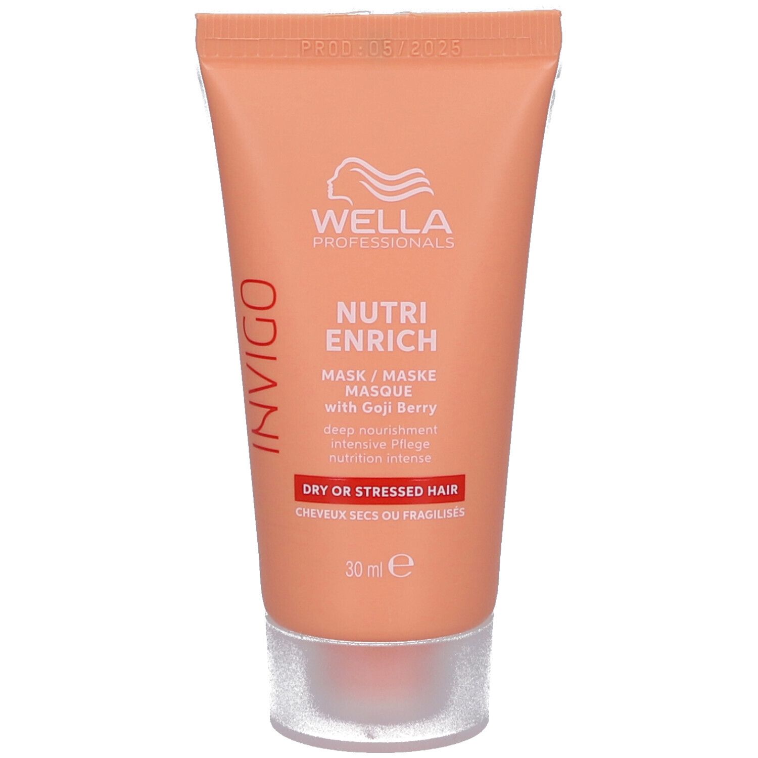 Tube de masque capillaire Wella Professionals Invigo Nutri Enrich. Orange, logo et texte. "Dry or stressed hair". 30 ml.