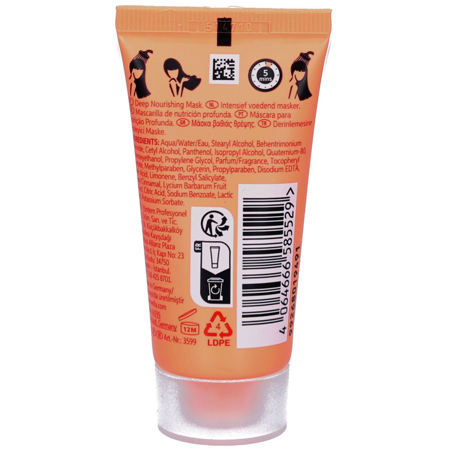 Dos du tube de masque capillaire Wella Professionals Invigo Nutri Enrich. Texte, ingrédients, symboles et code-barres.
