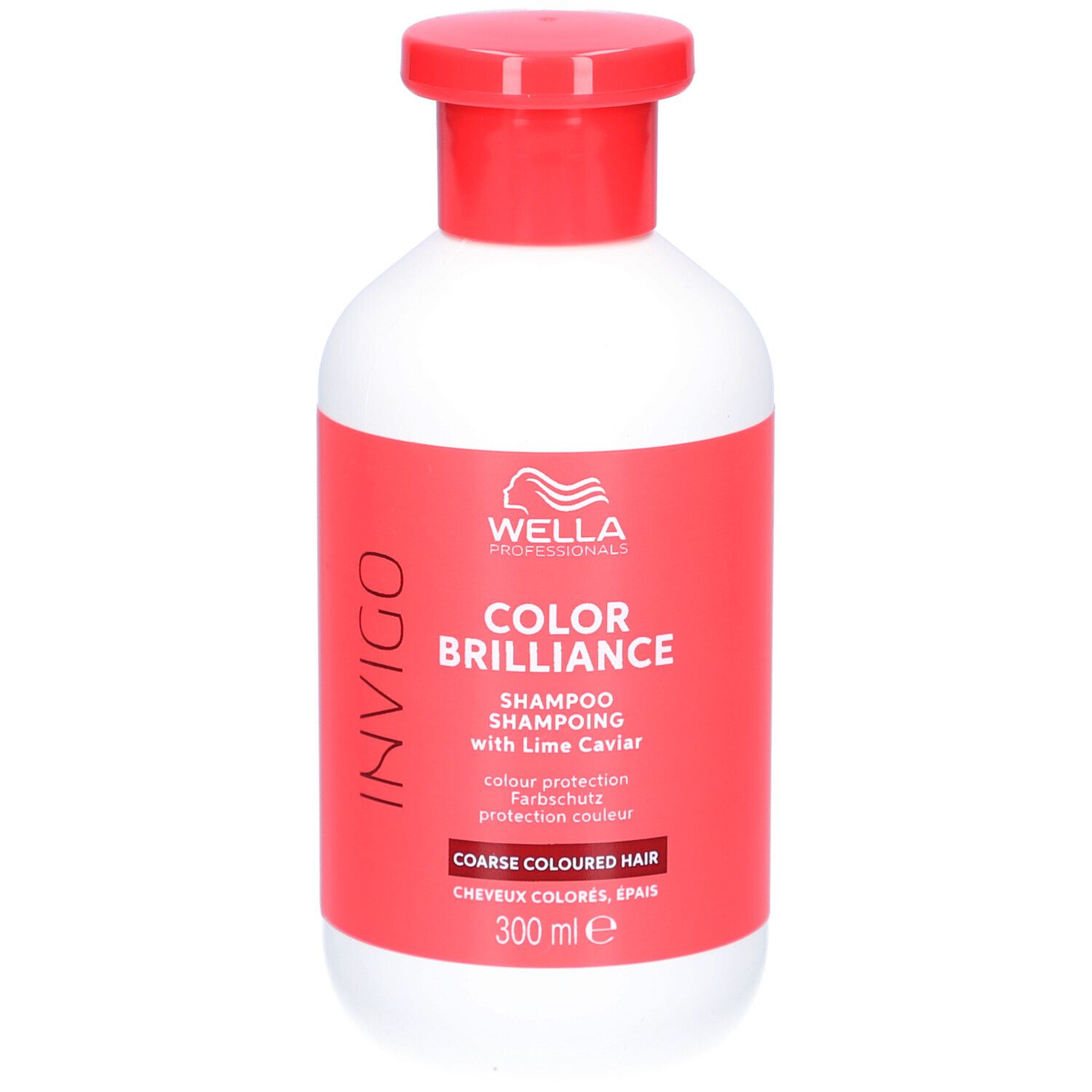 Witte fles met rode dop en etiket. Opschrift: Wella Color Brilliance Shampoo, voor dik gekleurd haar. 300 ml.
