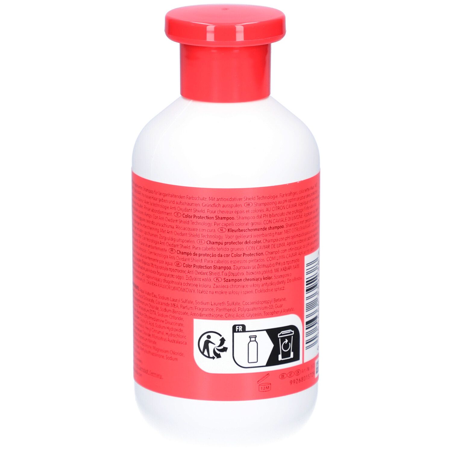 Achterkant van een witte fles met rode dop. Etiket met tekst en recyclingsymbolen. Product: Color Protection Shampoo.