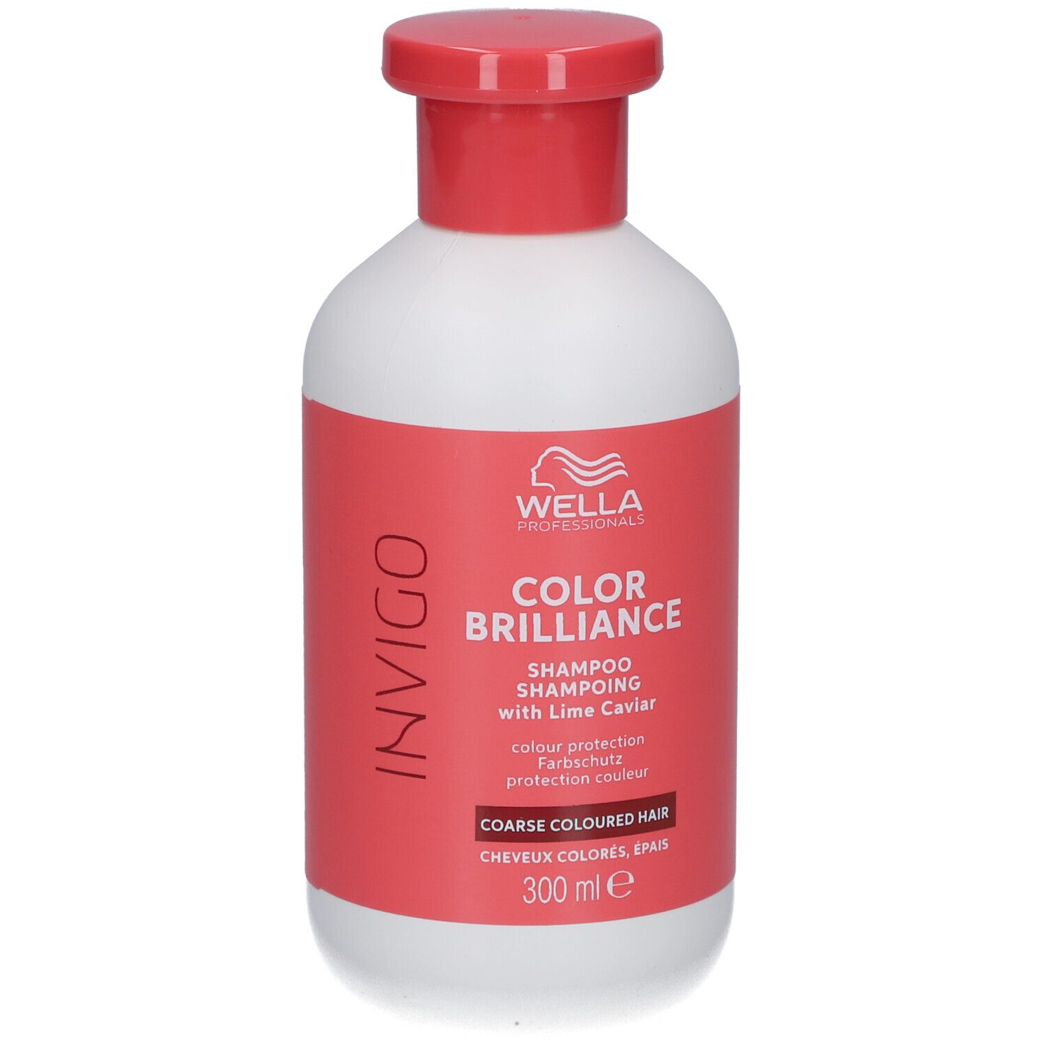 Witte fles met rode dop en etiket. Opschrift: Wella Color Brilliance Shampoo, voor dik gekleurd haar. 300 ml.