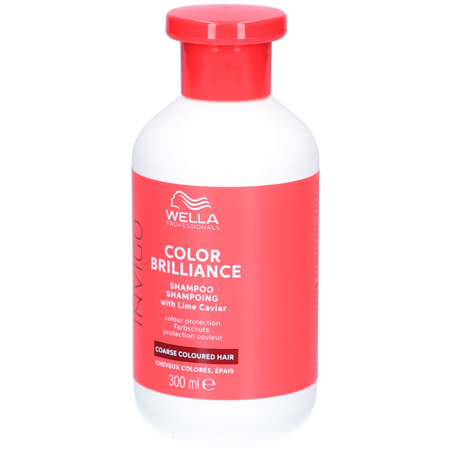 Witte fles met rode dop en etiket. Opschrift: Wella Color Brilliance Shampoo, voor dik gekleurd haar. 300 ml.