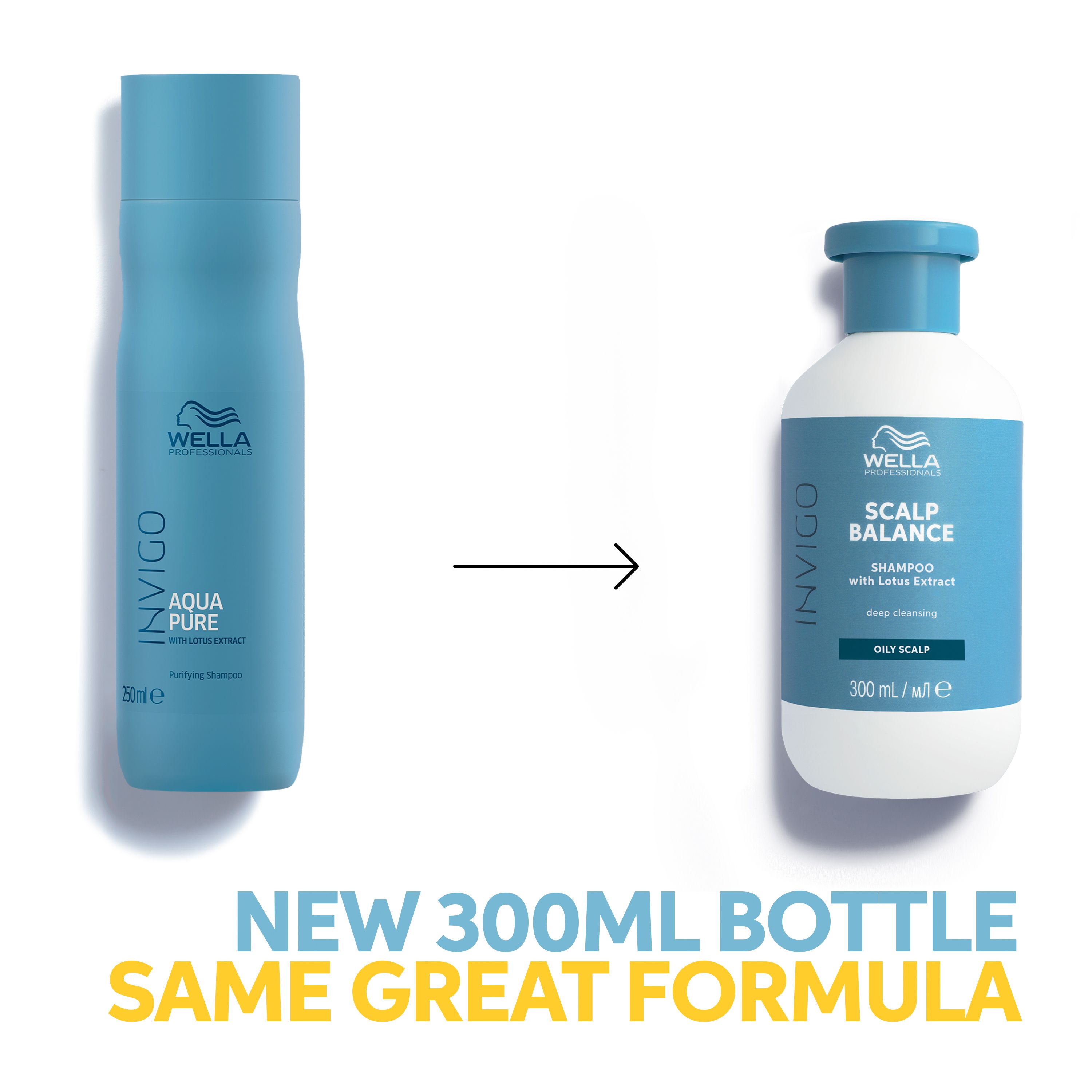 Vergelijking van twee flessen. Links: Aqua Pure. Rechts: INVIGO SCALP BALANCE Shampoo, 300 ml. Zelfde formule.