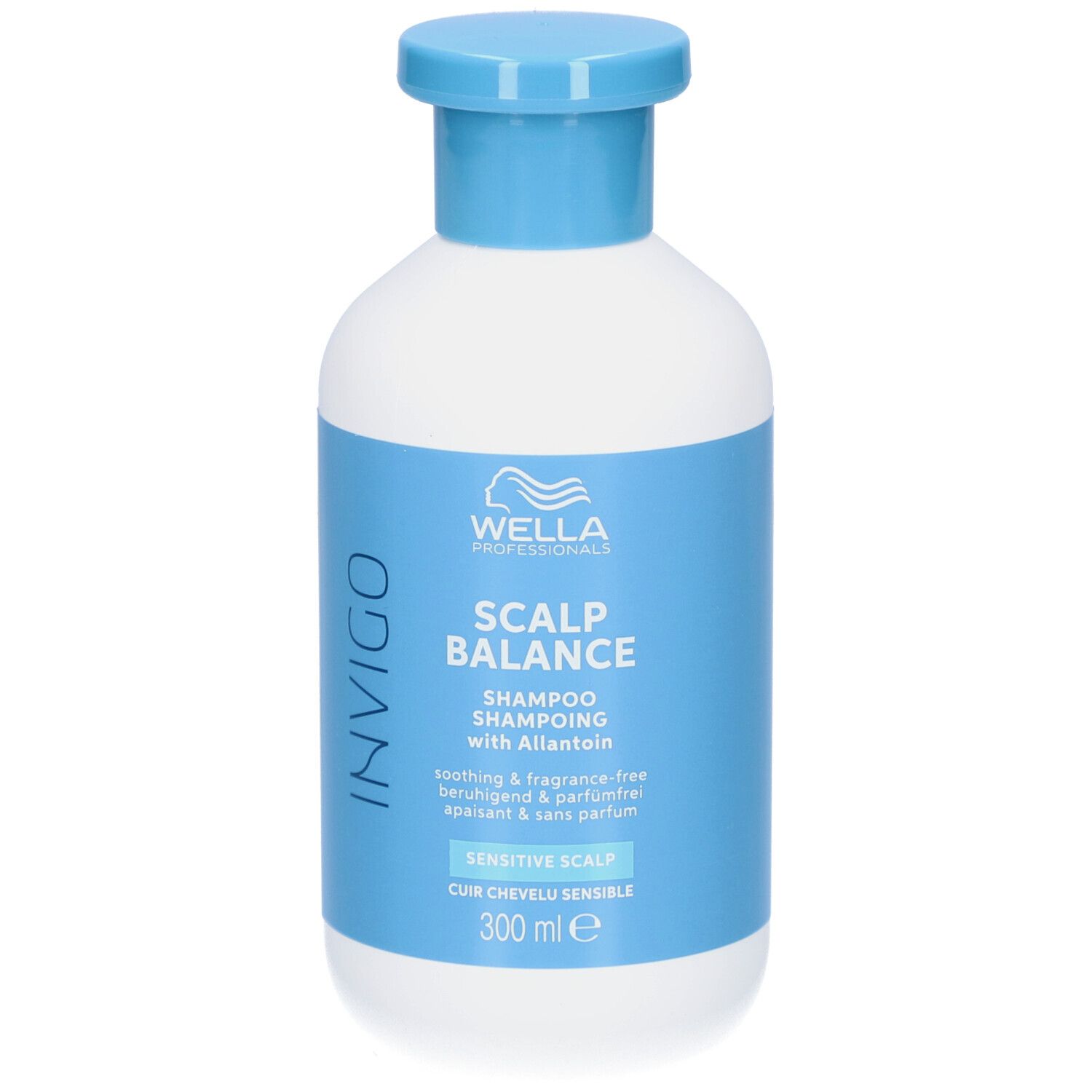 Witte fles met blauwe dop. Opschrift: INVIGO, SCALP BALANCE, Shampoo, Sensitive Scalp. 300 ml.