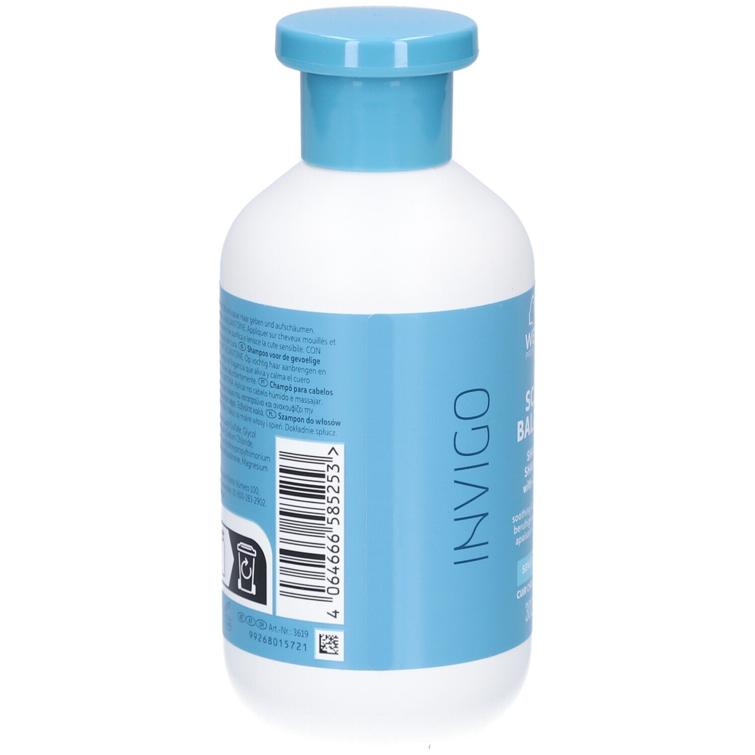 Achterkant van de witte fles met blauwe dop. Barcode en tekst.