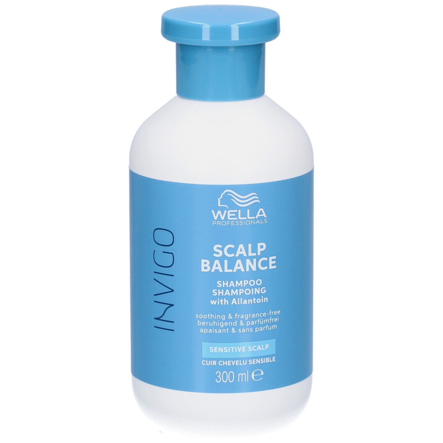 Witte fles met blauwe dop. Opschrift: INVIGO, SCALP BALANCE, Shampoo, Sensitive Scalp. 300 ml.