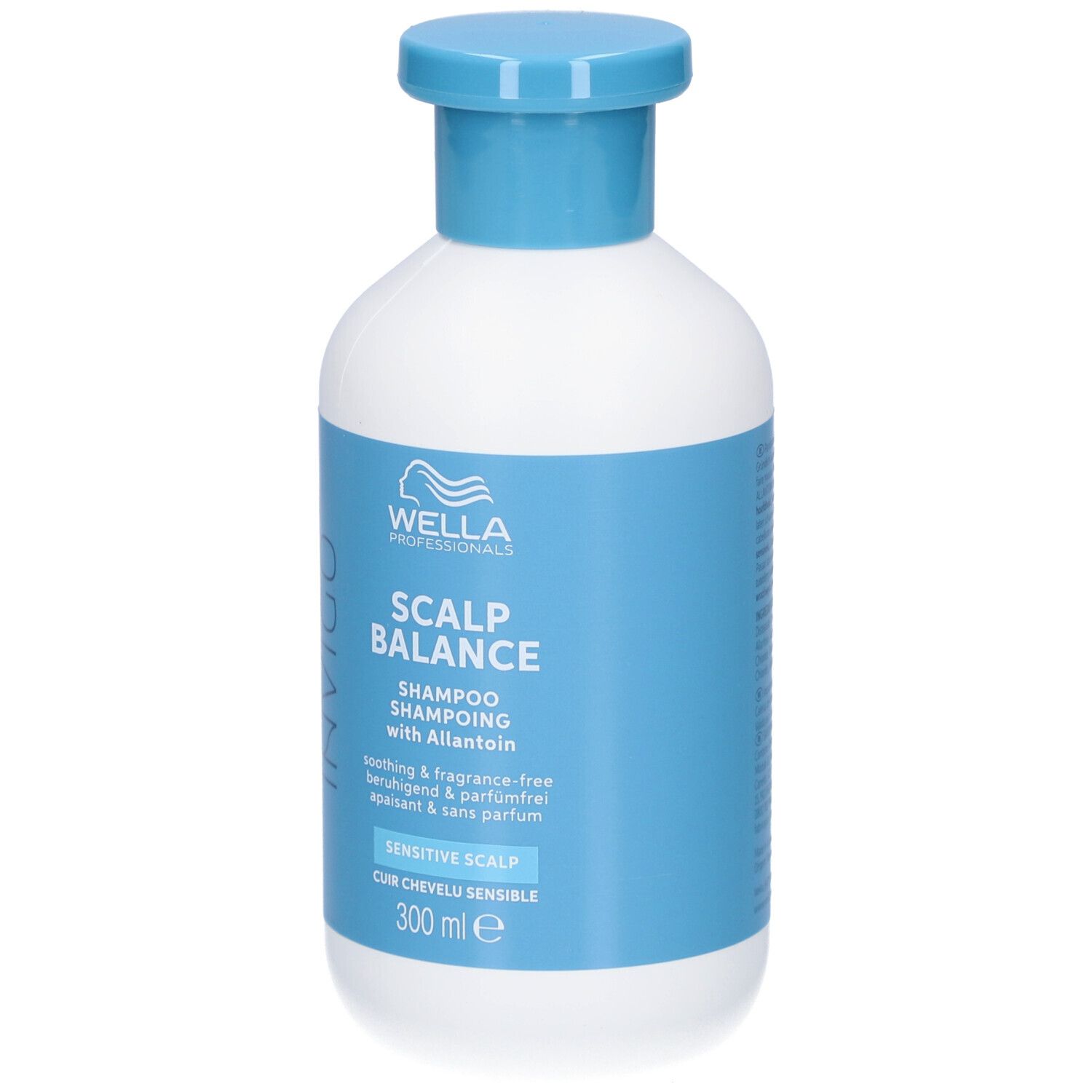 Witte fles met blauwe dop. Opschrift: INVIGO, SCALP BALANCE, Shampoo, Sensitive Scalp. 300 ml.