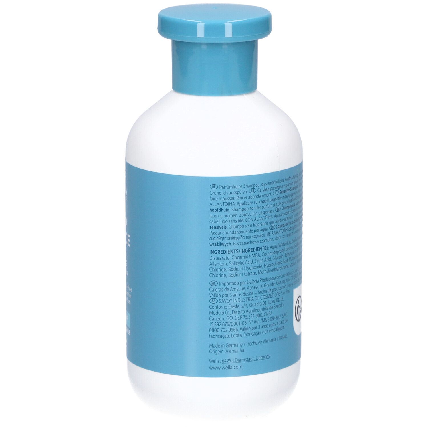 Achterkant van de witte fles met blauwe dop. Tekst en ingrediënten.
