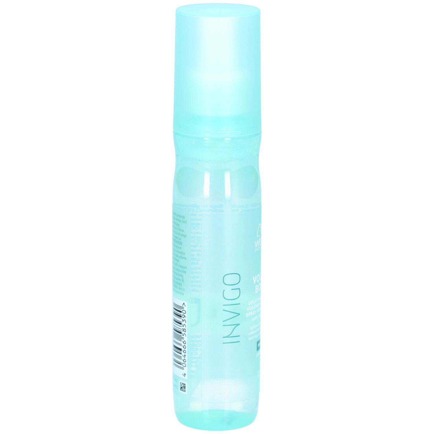 Flacon spray vert clair avec bouchon bleu. Dos avec texte et code-barres. Logo Invigo.