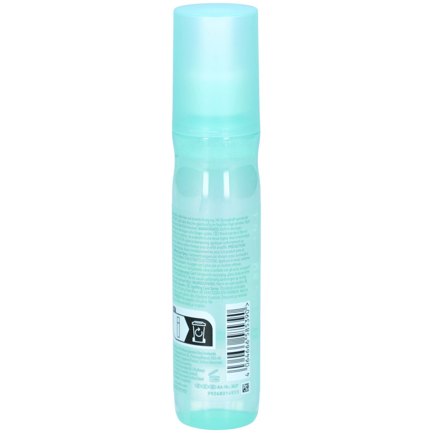 Flacon spray vert clair avec bouchon bleu. Dos avec texte, pictogrammes et code-barres.