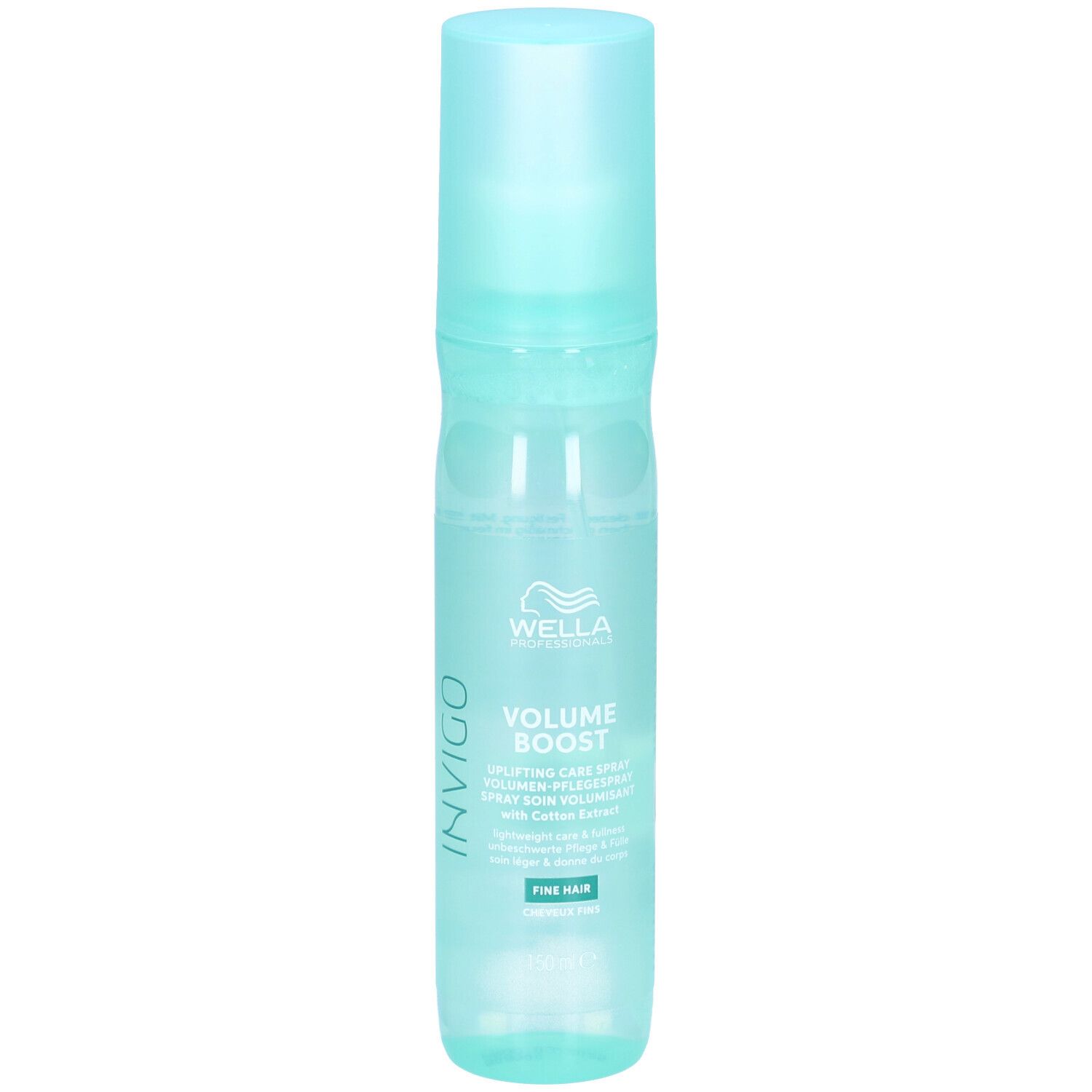 Flacon spray vert clair avec bouchon bleu. Inscription : Invigo, Volume Boost, Wella. Pour cheveux fins.