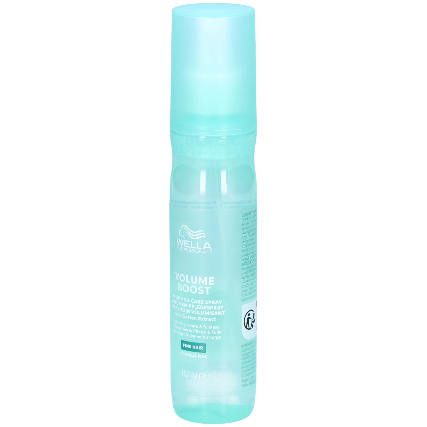 Flacon spray vert clair avec bouchon bleu. Inscription : Invigo, Volume Boost, Wella. Pour cheveux fins.