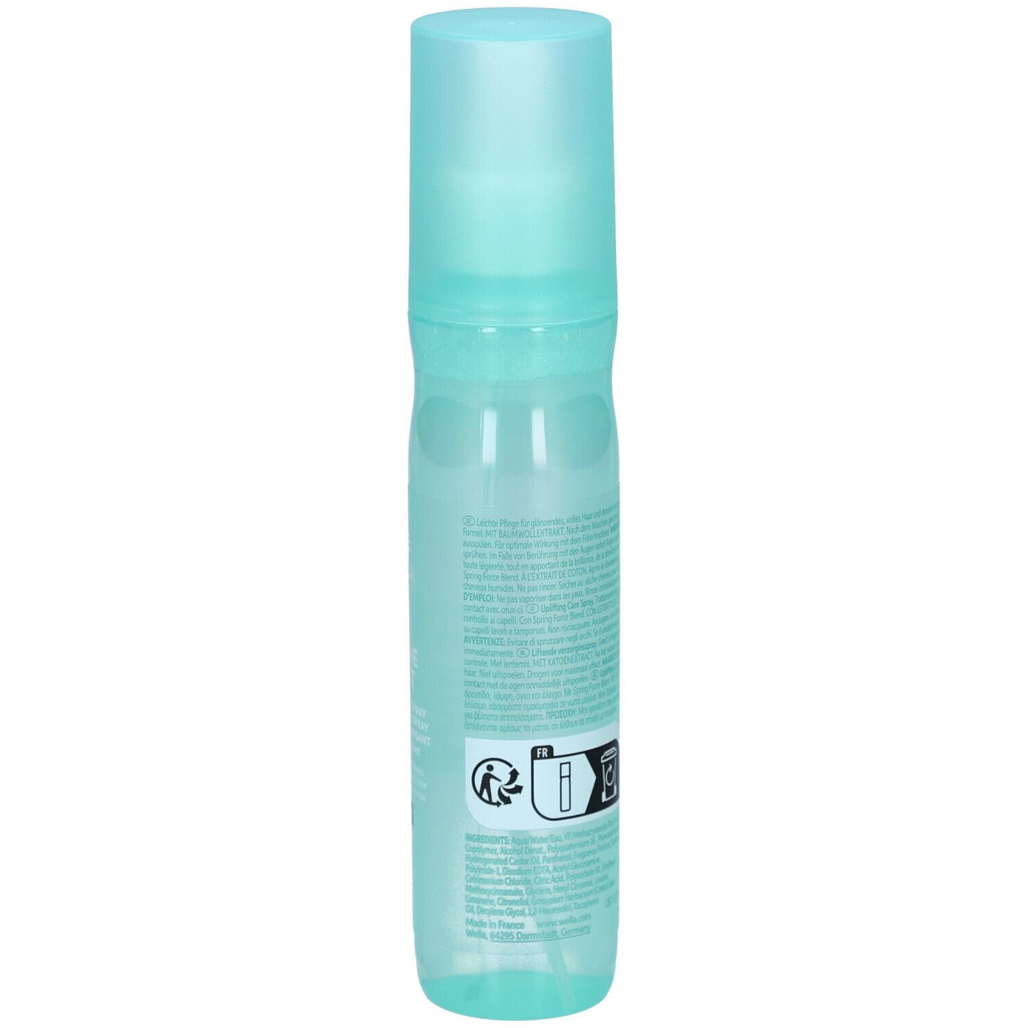 Flacon spray vert clair avec bouchon bleu. Dos avec texte et pictogrammes.