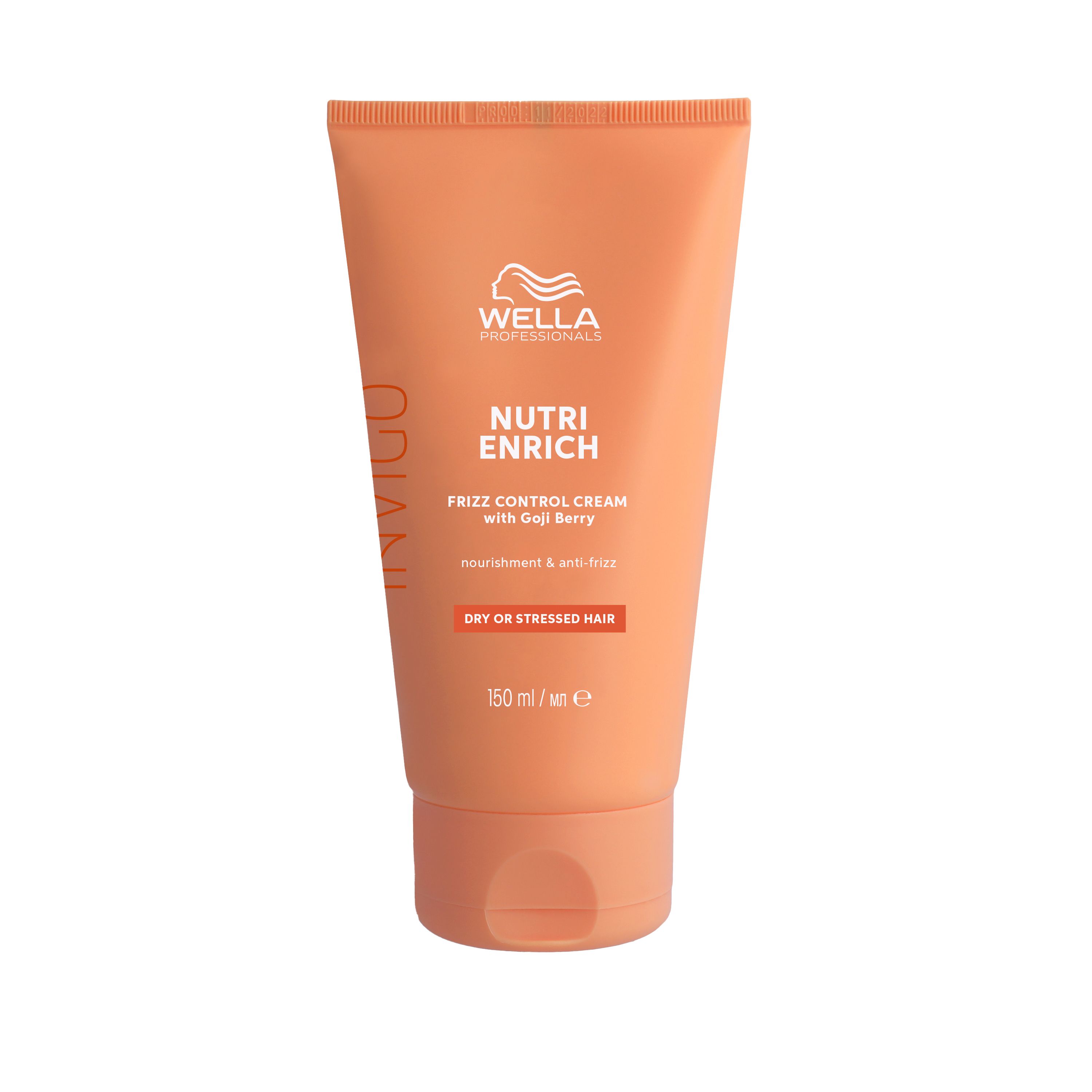 Oranje tube met wit logo en tekst. Productnaam: Nutri Enrich Frizz Control Cream. Tekst: Voor droog of beschadigd haar. 150 ml.