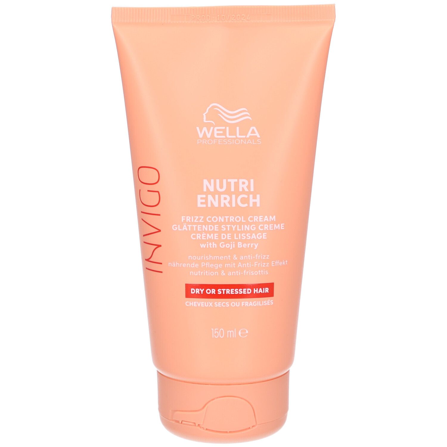 Beige tube met wit logo en tekst. Productnaam: Nutri Enrich Frizz Control Cream. Tekst: Voor droog of beschadigd haar. 150 ml.