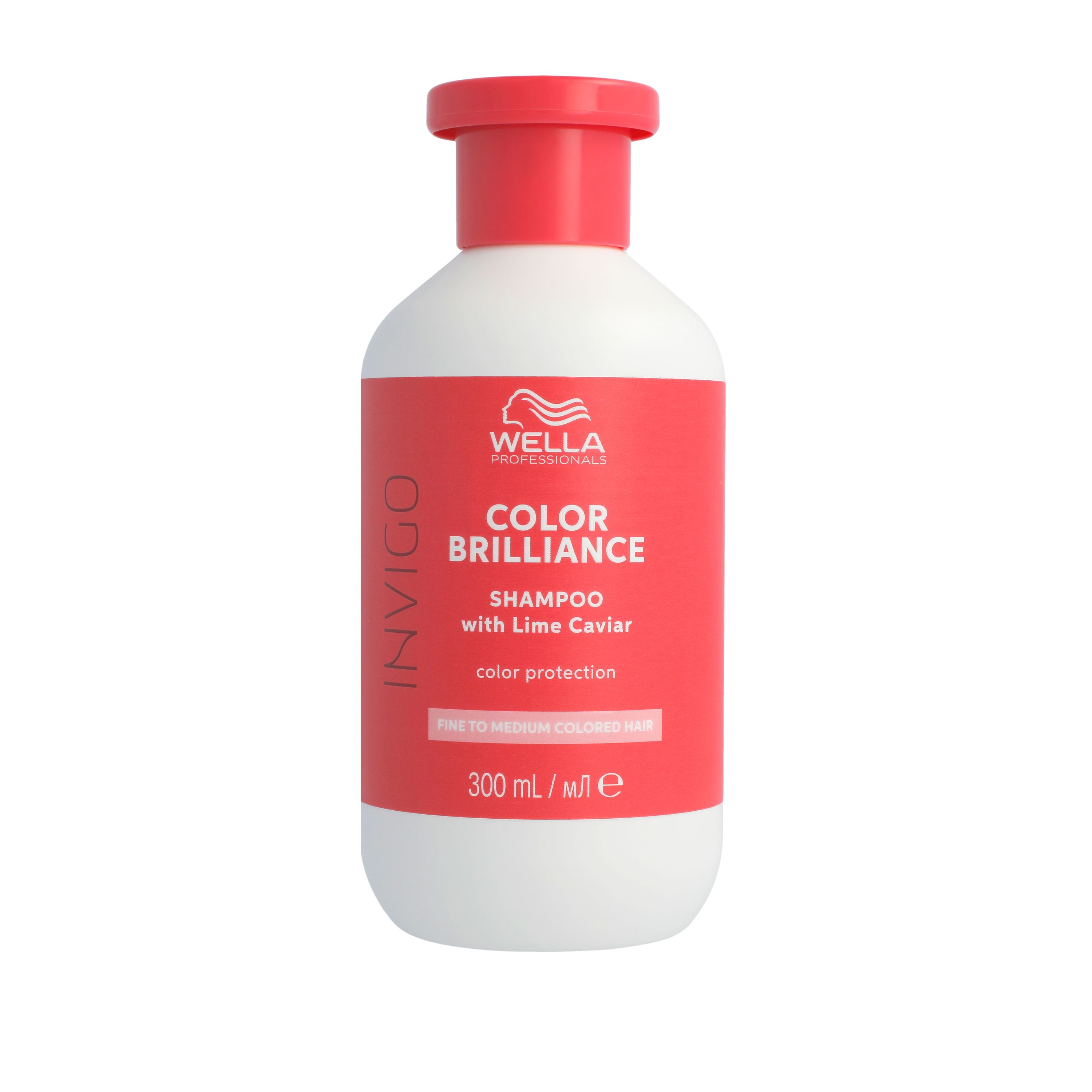 Flacon blanc, bouchon rouge. Inscription : Wella Color Brilliance Shampoo. 300 ml.