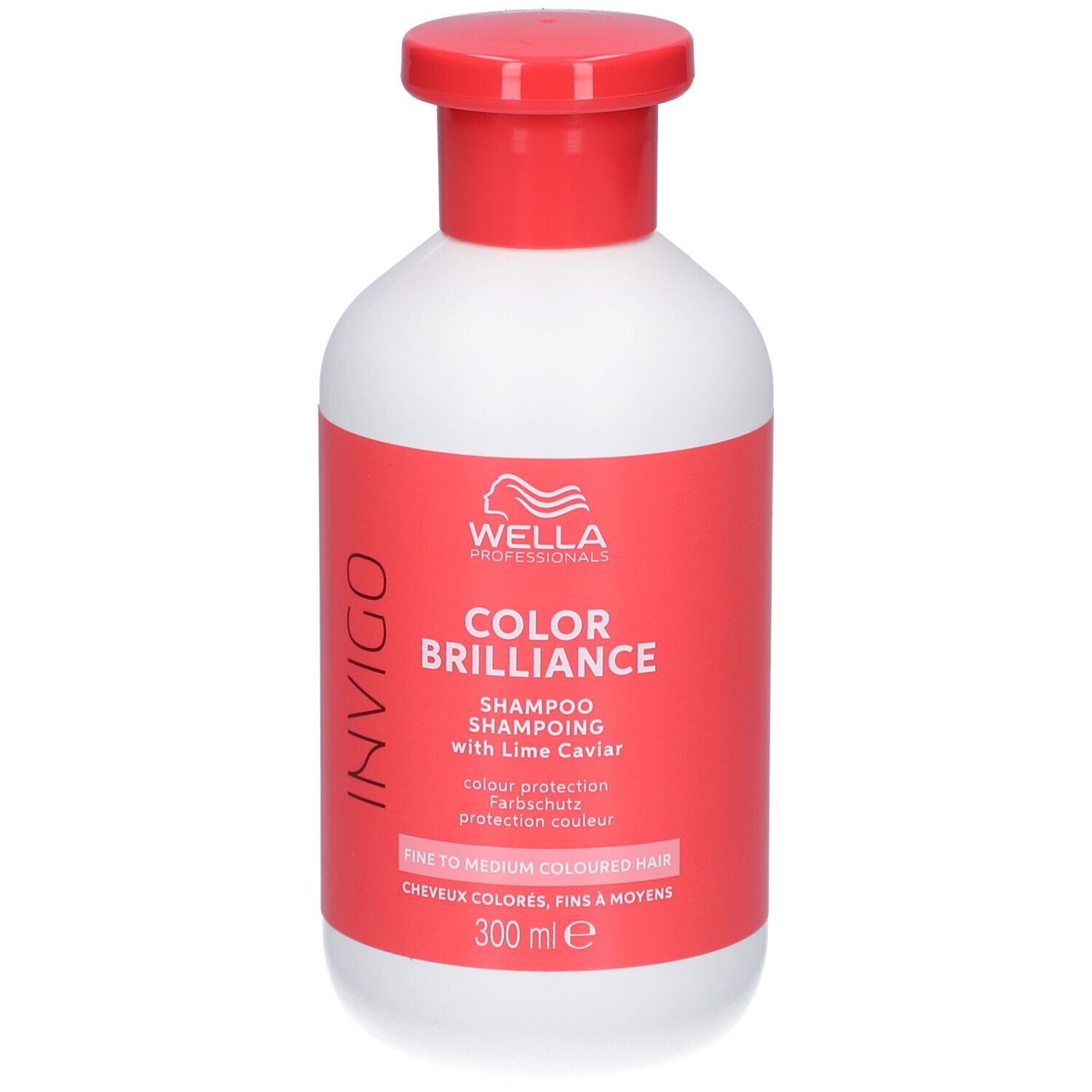 Flacon blanc à bouchon rouge. Étiquette avec INVIGO, COLOR BRILLIANCE, Shampooing, protection couleur. 300 ml.
