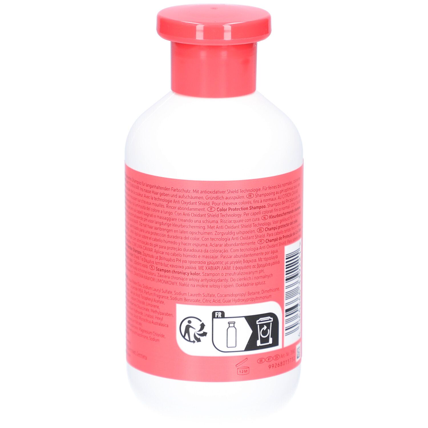 Dos du flacon blanc à bouchon rouge. Texte en plusieurs langues. Symbole de recyclage.